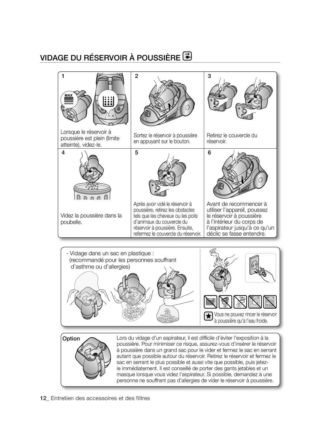 Samsung VCC96P0H1G user manual Vidage DU Réservoir À Poussière 