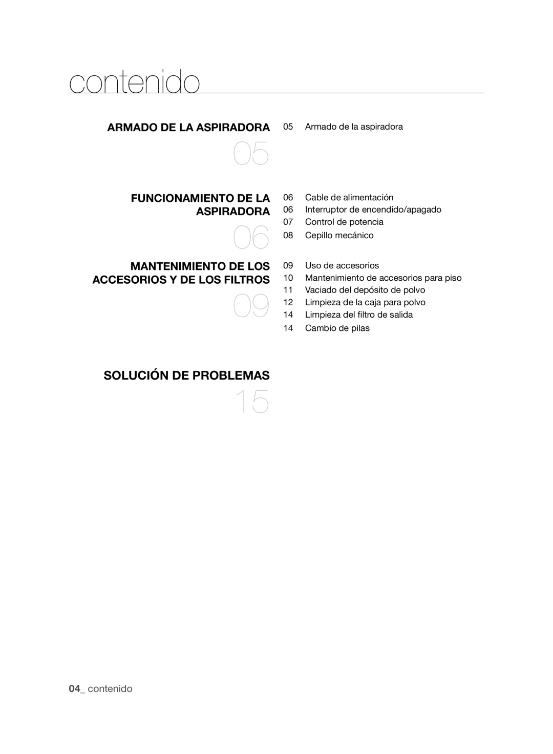 Samsung VCC96P0H1G user manual Contenido, Armado DE LA Aspiradora, Funcionamiento DE LA, Mantenimiento DE LOS 