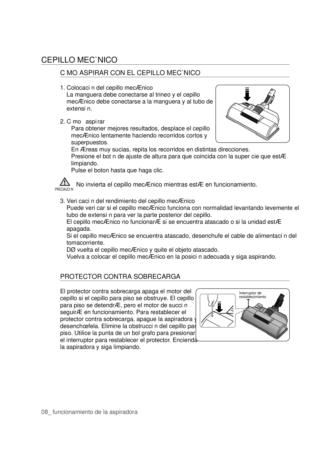 Samsung VCC96P0H1G user manual Cómo Aspirar CON EL Cepillo Mecánico, Protector Contra Sobrecarga 