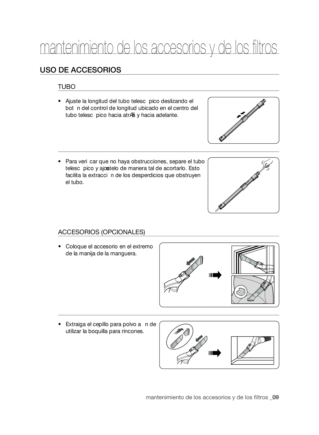 Samsung VCC96P0H1G user manual USO DE Accesorios, Tubo, Accesorios Opcionales 