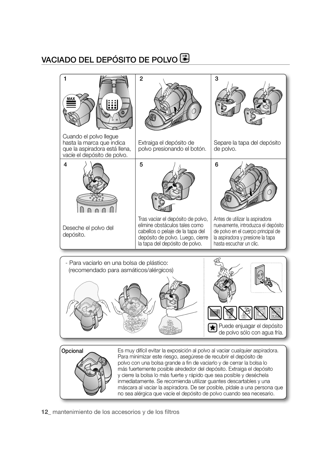 Samsung VCC96P0H1G user manual Vaciado DEL Depósito DE Polvo 