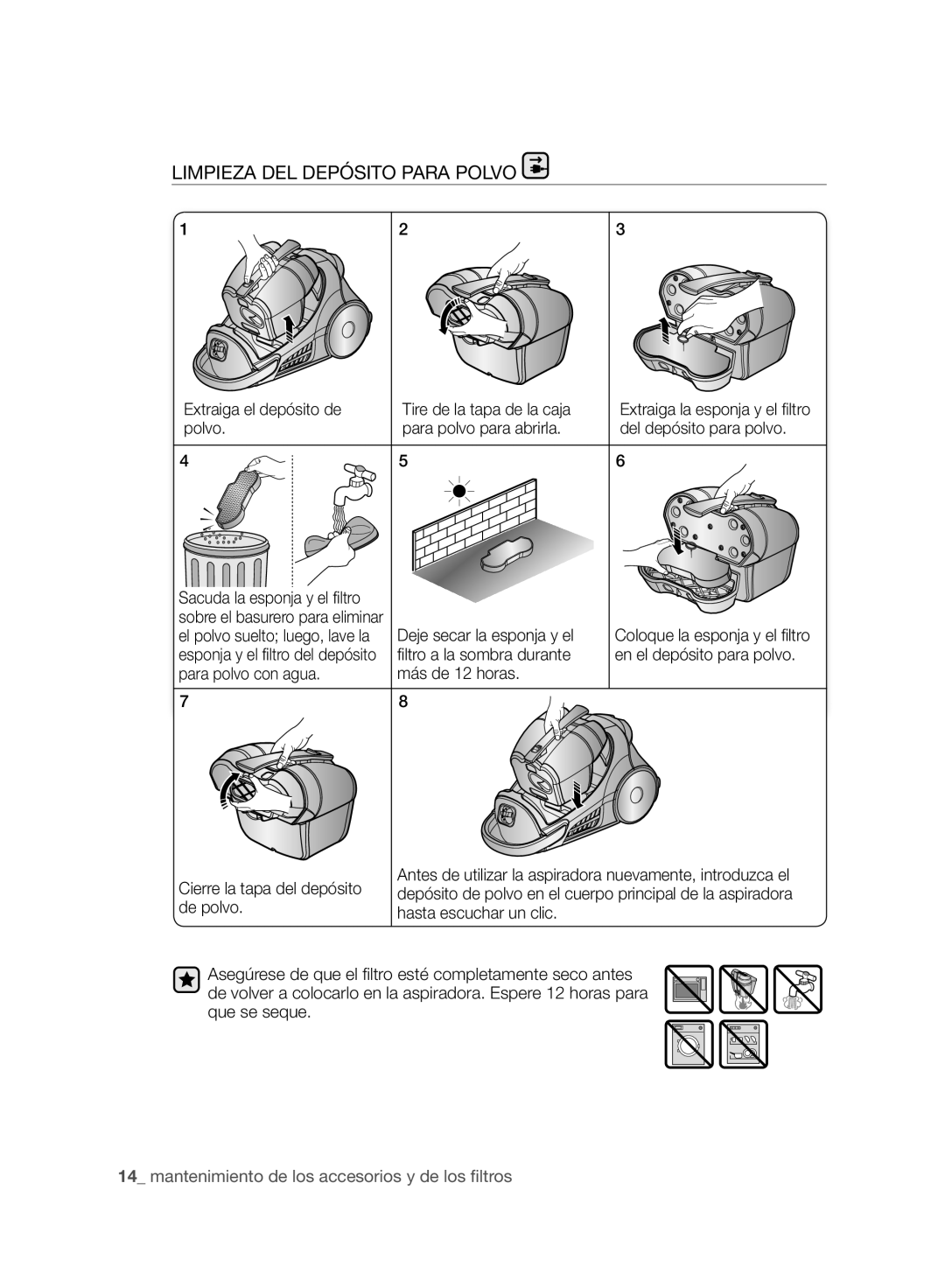 Samsung VCC96P0H1G user manual Limpieza DEL Depósito Para Polvo, Polvo Para polvo para abrirla Del depósito para polvo 