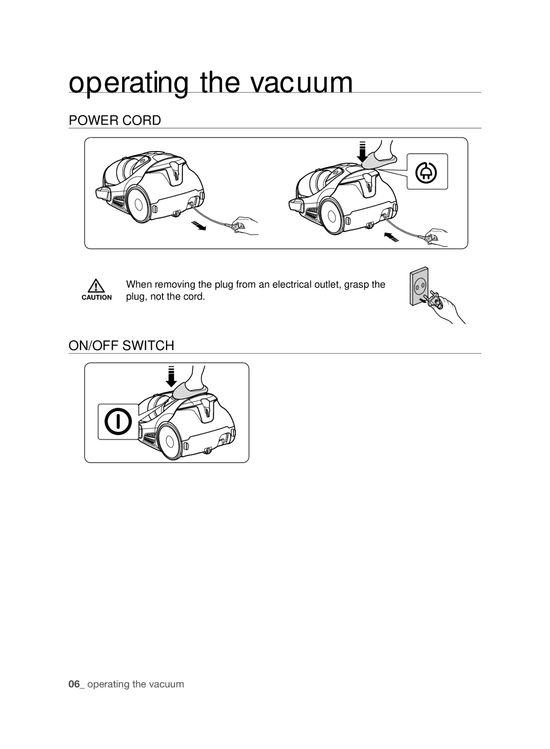 Samsung VCC96P0H1G user manual Operating the vacuum, Power Cord, ON/OFF Switch 