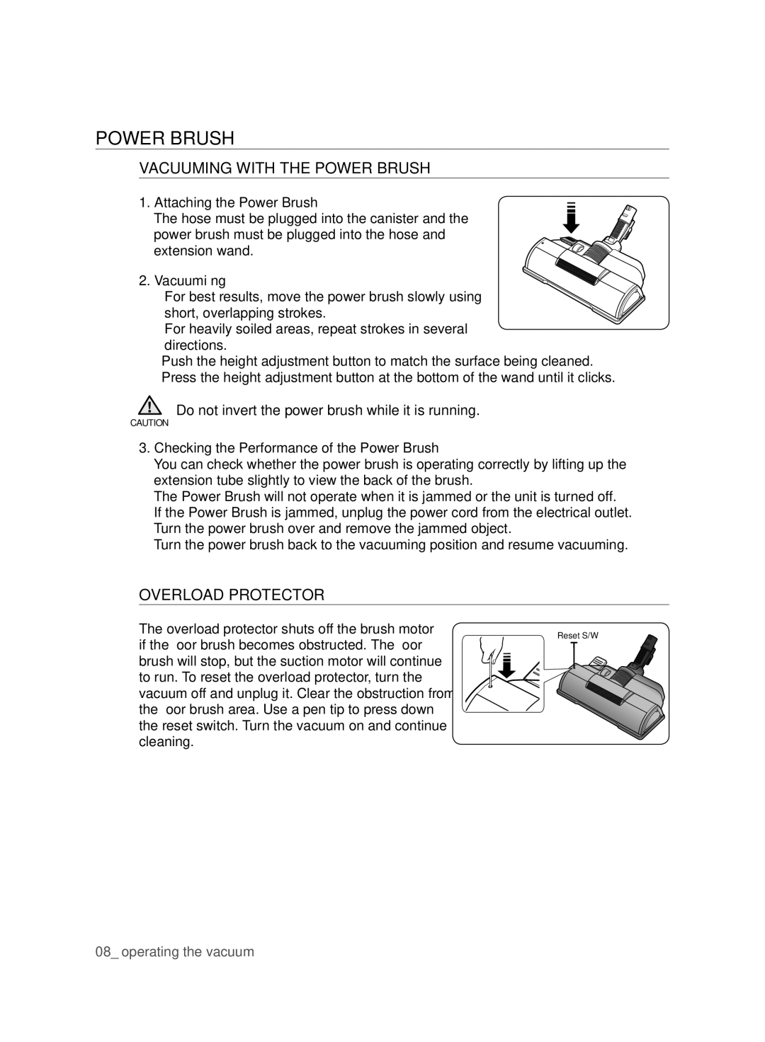 Samsung VCC96P0H1G user manual Vacuuming with the Power Brush, Overload Protector 