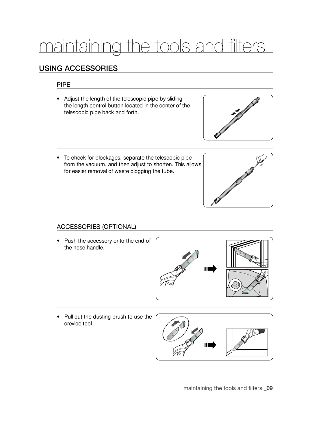 Samsung VCC96P0H1G user manual Using Accessories, Pipe, Accessories Optional 