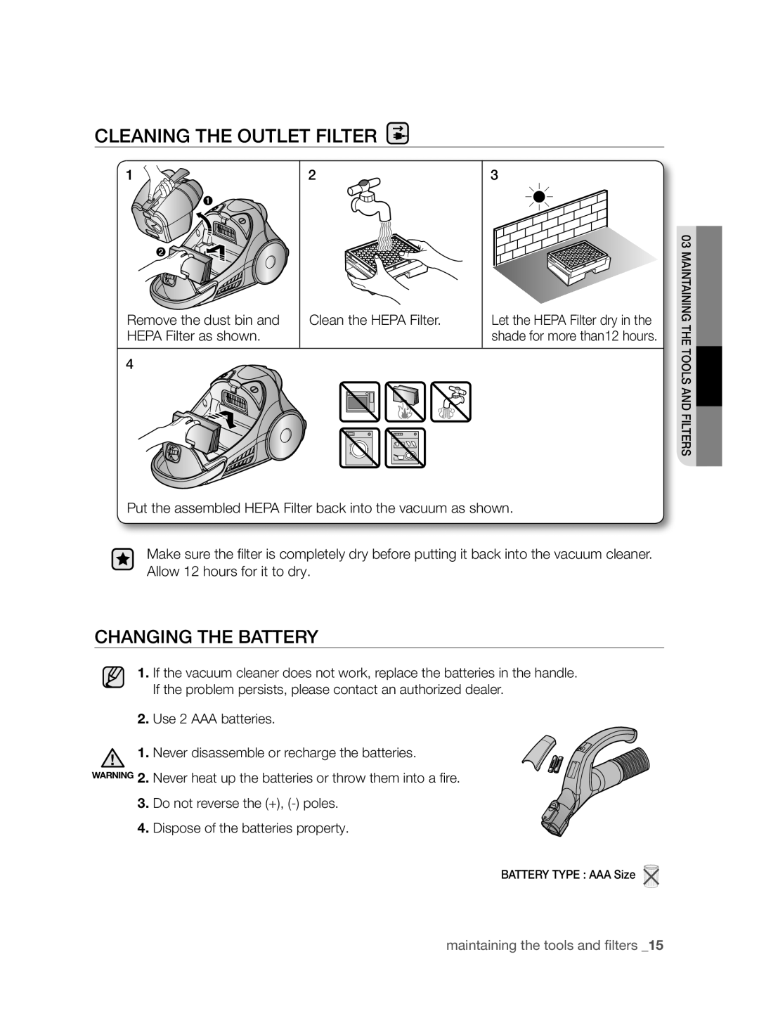 Samsung VCC96P0H1G user manual Cleaning The Outlet Filter, Changing The Battery, maintaining the tools and filters_15 