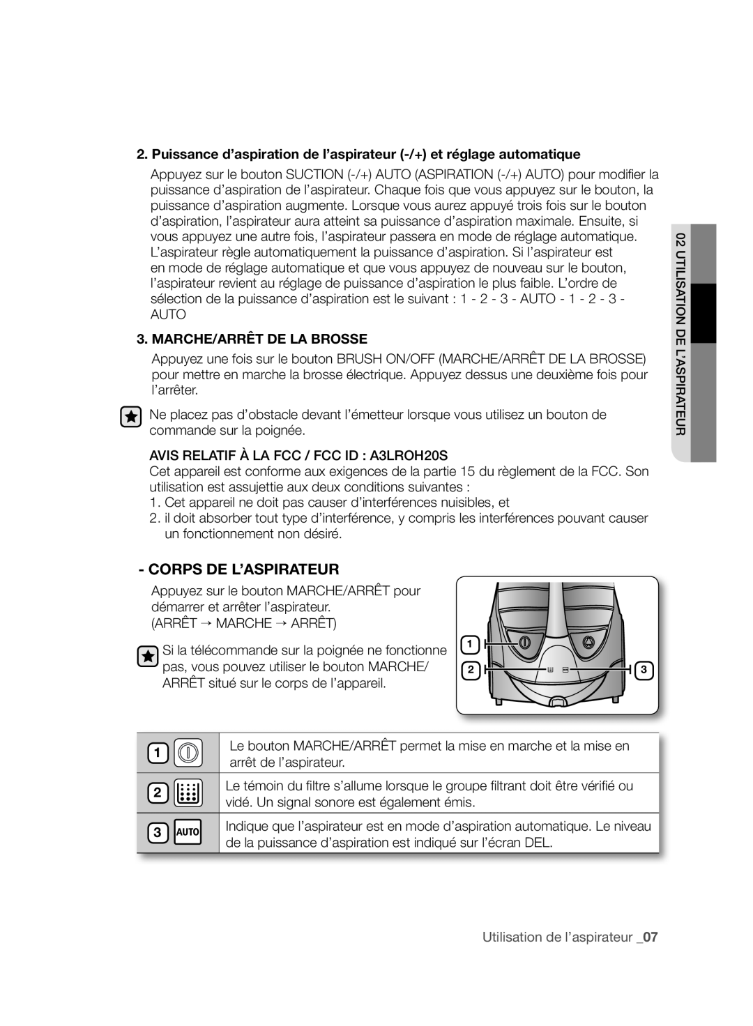 Samsung VCC96P0H1G user manual Corps De L’Aspirateur, Marche/Arrêt De La Brosse, 1 2, Utilisation de l’aspirateur 