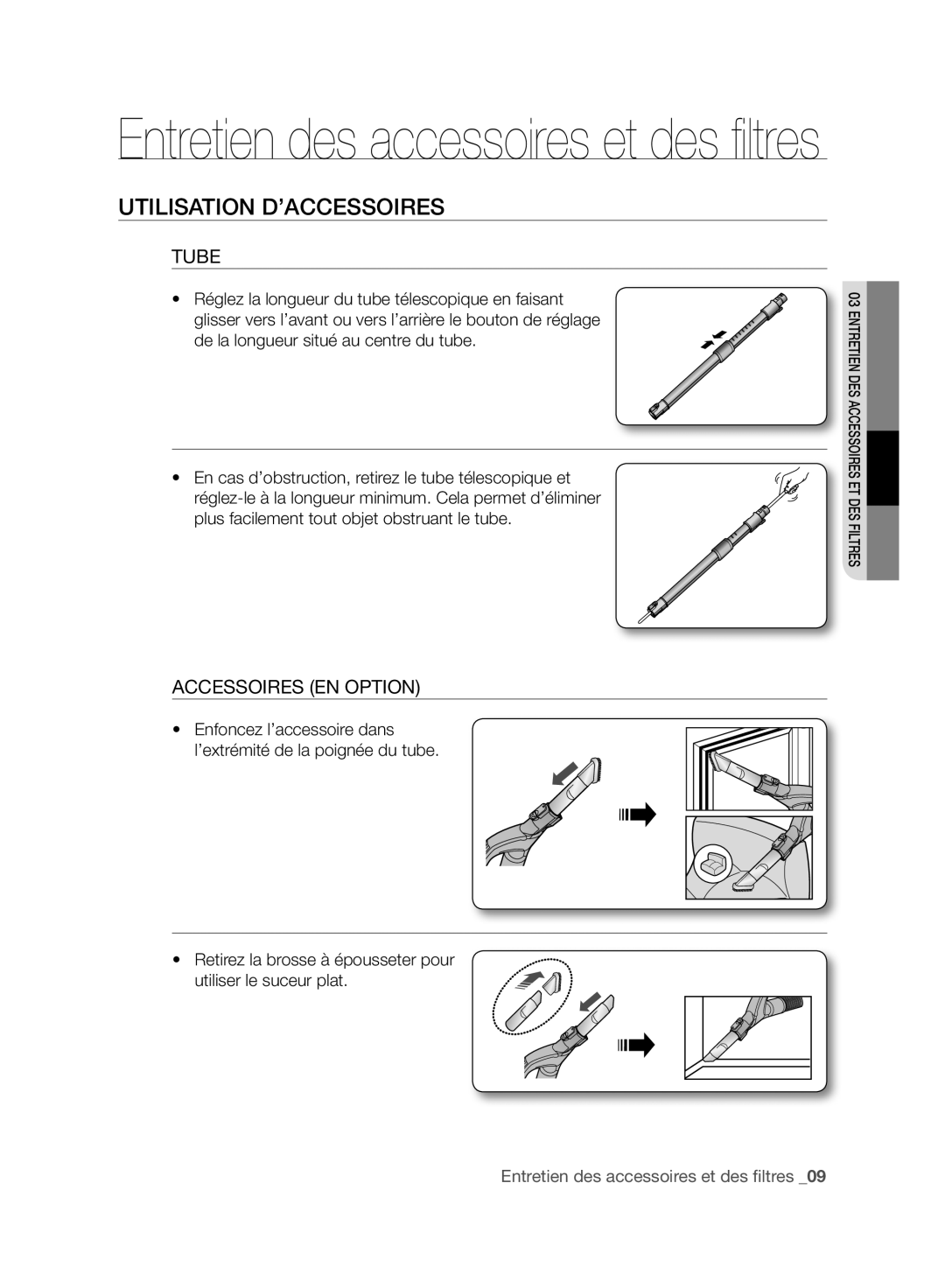 Samsung VCC96P0H1G Utilisation D’Accessoires, Tube, Accessoires En Option, Entretien des accessoires et des filtres_09 
