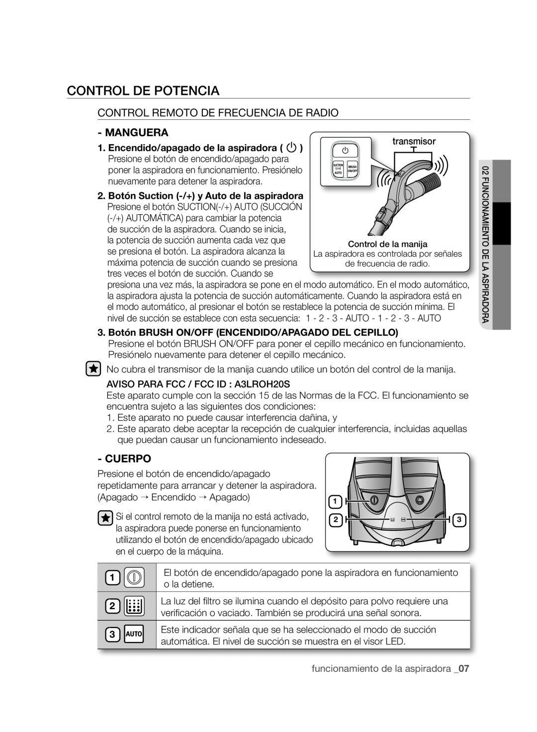 Samsung VCC96P0H1G user manual Control De Potencia, Control Remoto De Frecuencia De Radio, Manguera, Cuerpo 