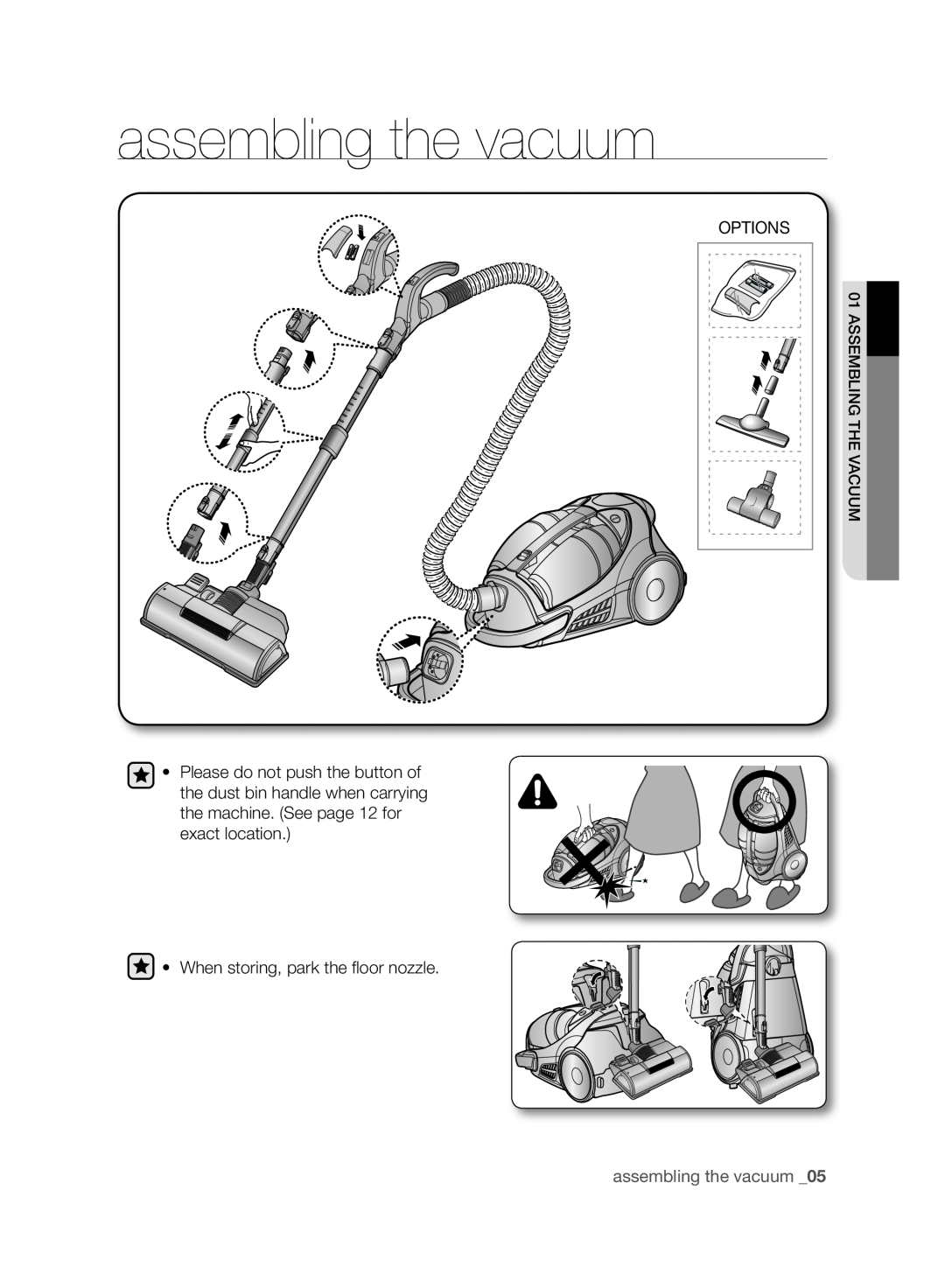 Samsung VCC96P0H1G user manual assembling the vacuum, Options, When storing, park the floor nozzle 
