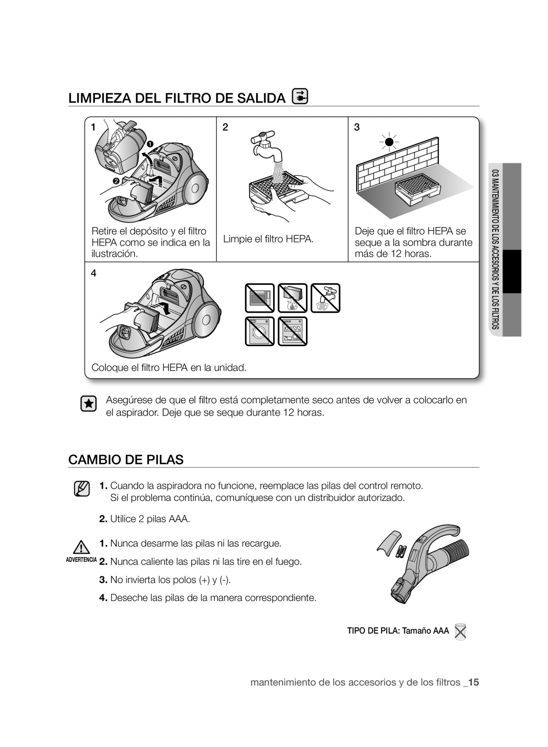 Samsung VCC96P0H1G user manual Limpieza Del Filtro De Salida, Cambio De Pilas 