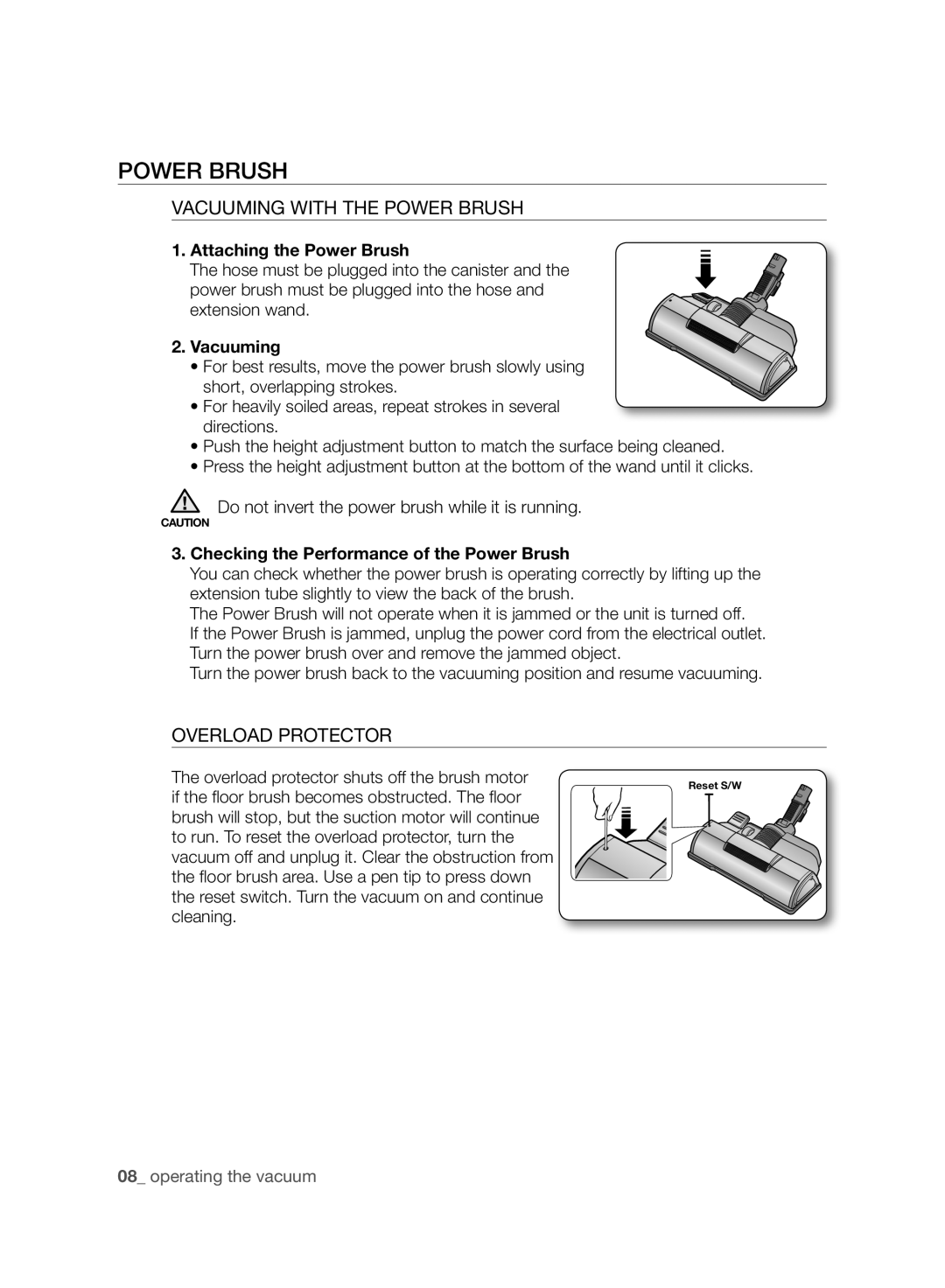 Samsung VCC96P0H1G user manual Vacuuming With The Power Brush, Overload Protector, Attaching the Power Brush 