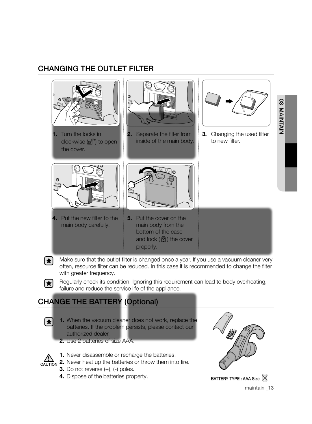 Samsung VCD9480H3W/XSB, VCD9420S31/XSB Changing the Outlet Filter, 03maintain Turn the locks Clockwise to open the cover 