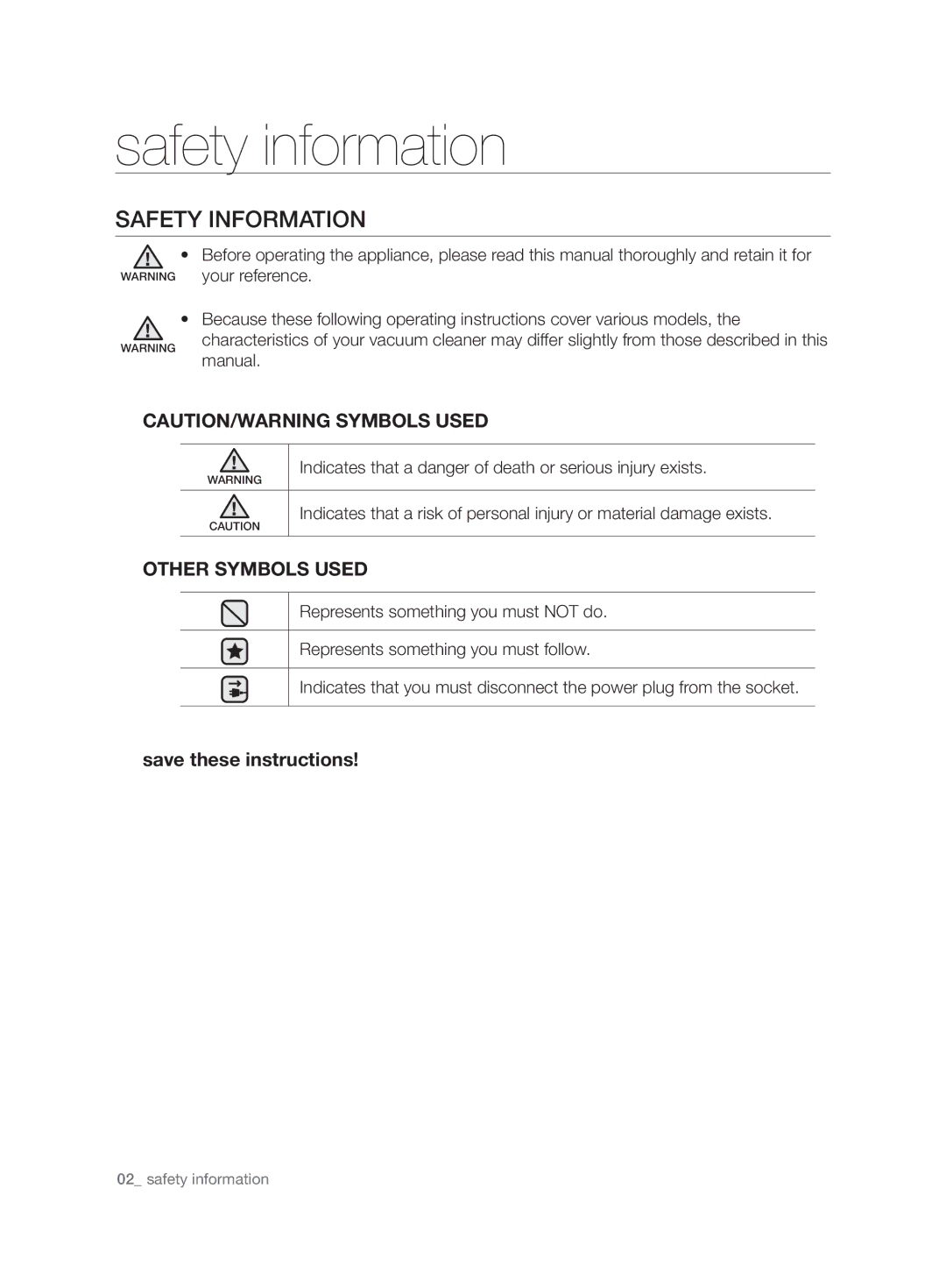 Samsung VCD9420S31/XSB, VCD9480H3W/XSB manual Safety information, Safety Information, Other Symbols Used 