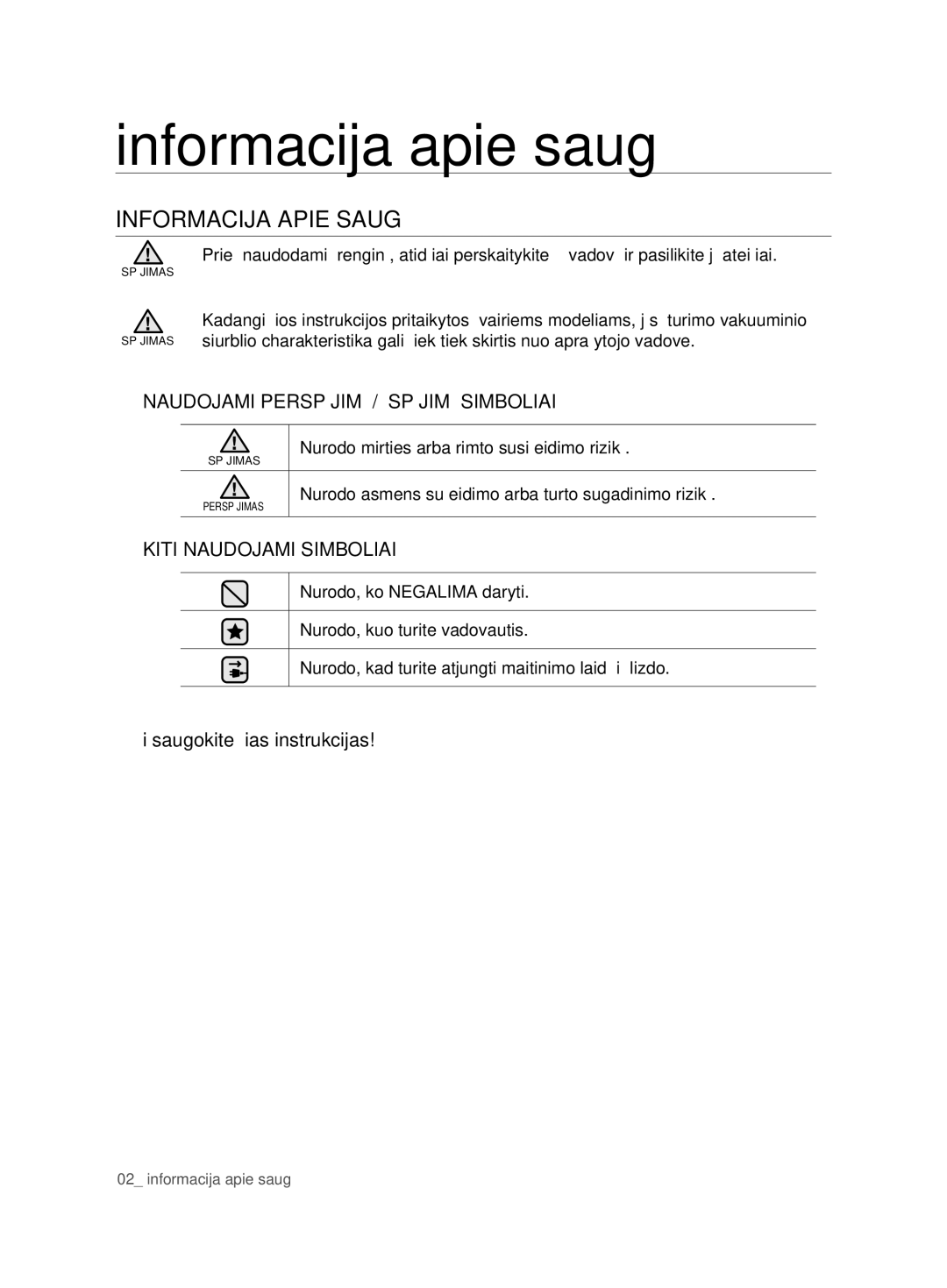 Samsung VCD9420S31/XSB manual Informacija apie saugą, Informacija Apie Saugą, Naudojami Perspėjimų / Įspėjimų Simboliai 