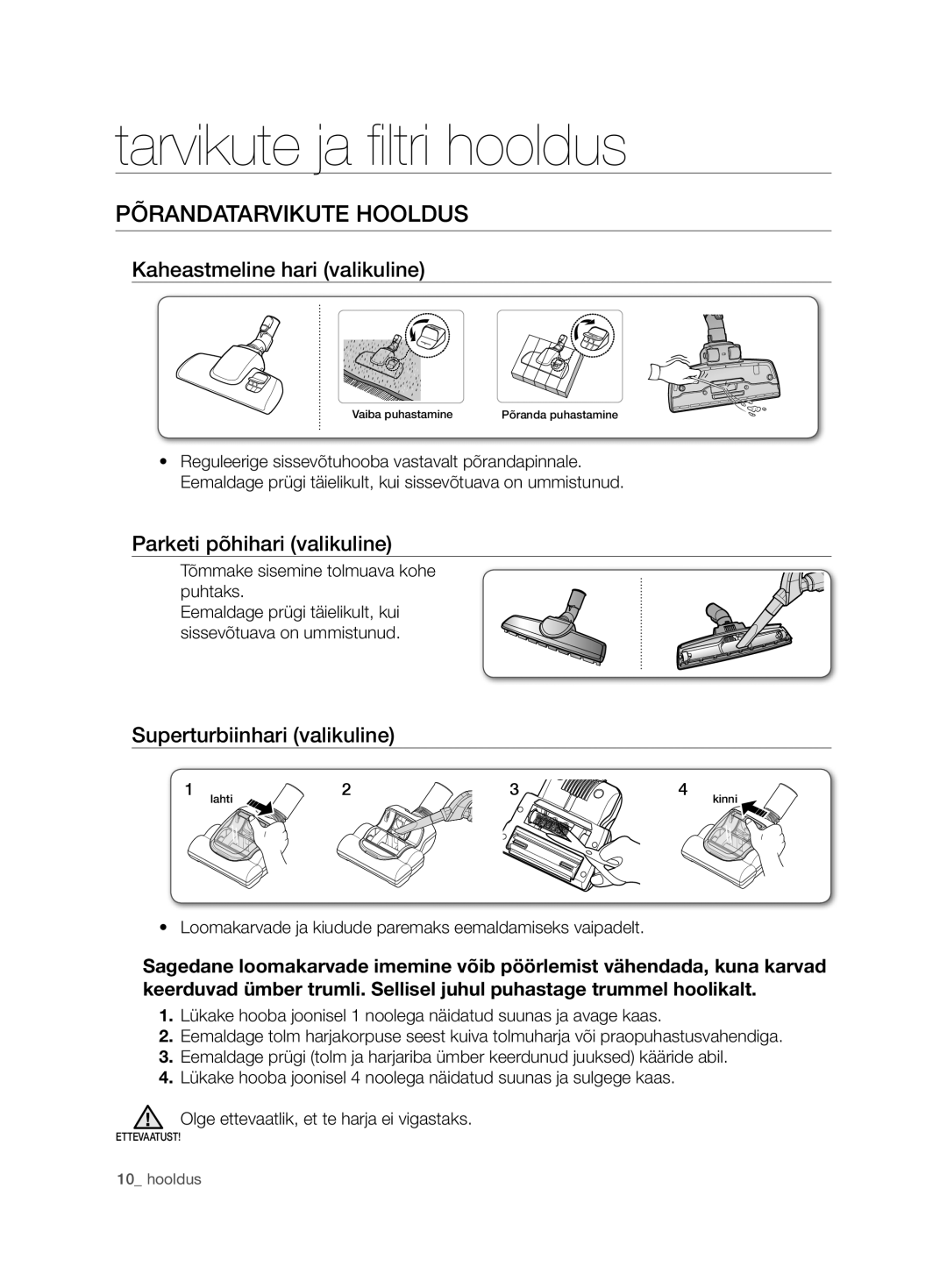 Samsung VCD9420S31/XSB manual Põrandatarvikute Hooldus, Kaheastmeline hari valikuline, Parketi põhihari valikuline 