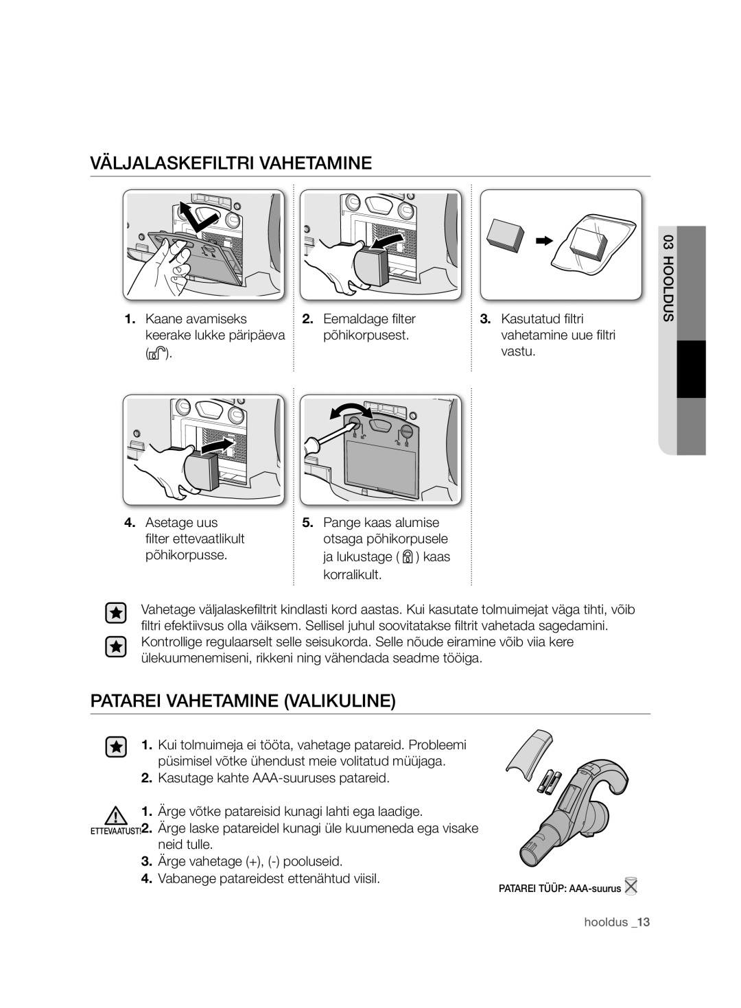 Samsung VCD9480H3W/XSB, VCD9420S31/XSB manual Väljalaskefiltri Vahetamine, Patarei Vahetamine Valikuline, Vastu 