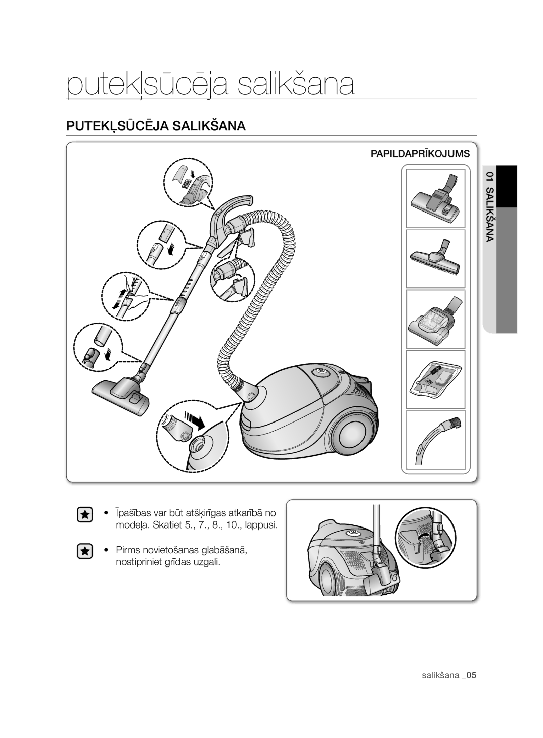 Samsung VCD9480H3W/XSB, VCD9420S31/XSB manual Putekļsūcēja salikšana, Putekļsūcēja Salikšana, Papildaprīkojums, Likšanasa01 