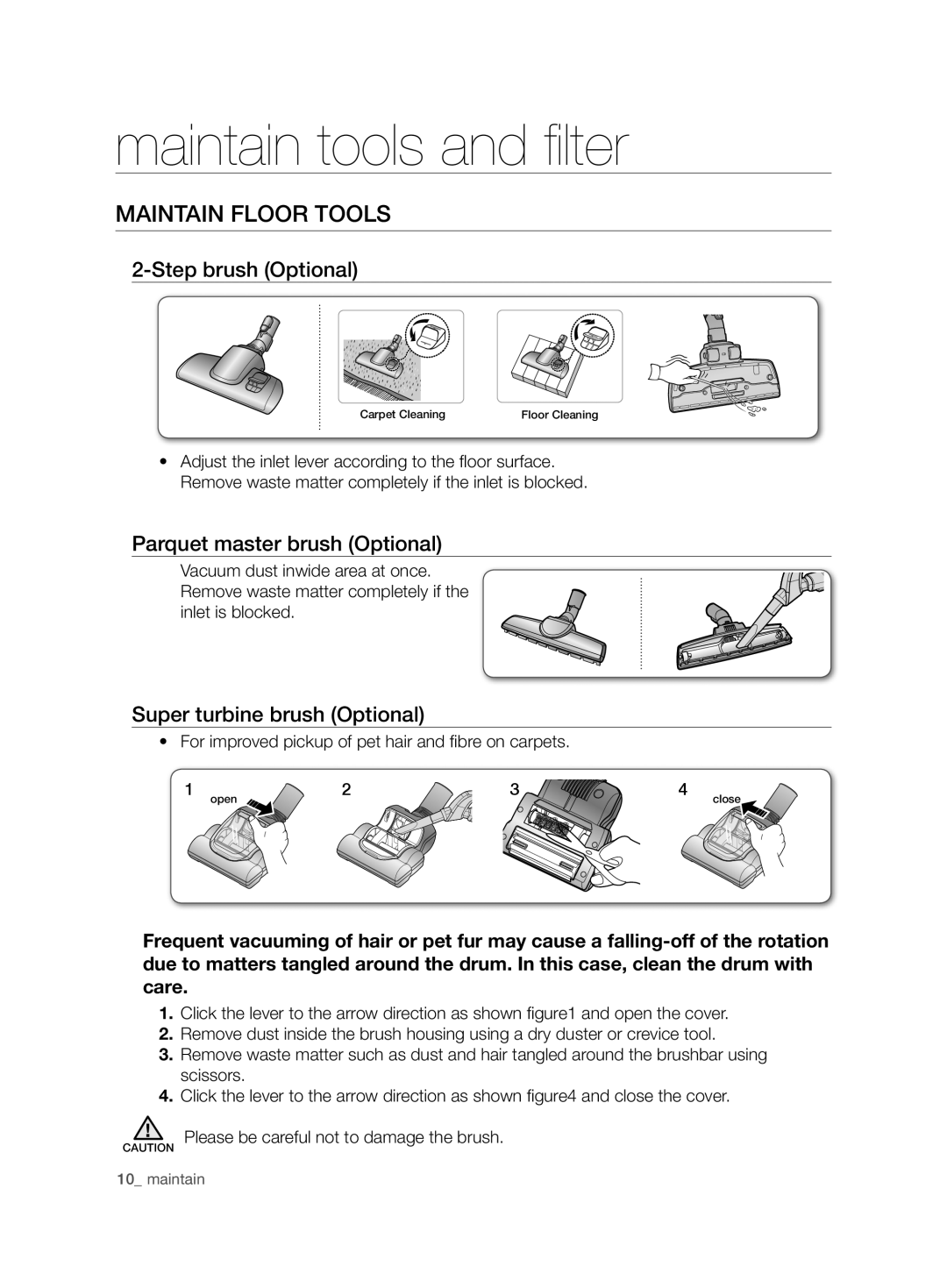 Samsung VCD9420S32/XSG, VCD9420S33/XEH manual Maintain floor tools, Step brush Optional, Parquet master brush Optional 