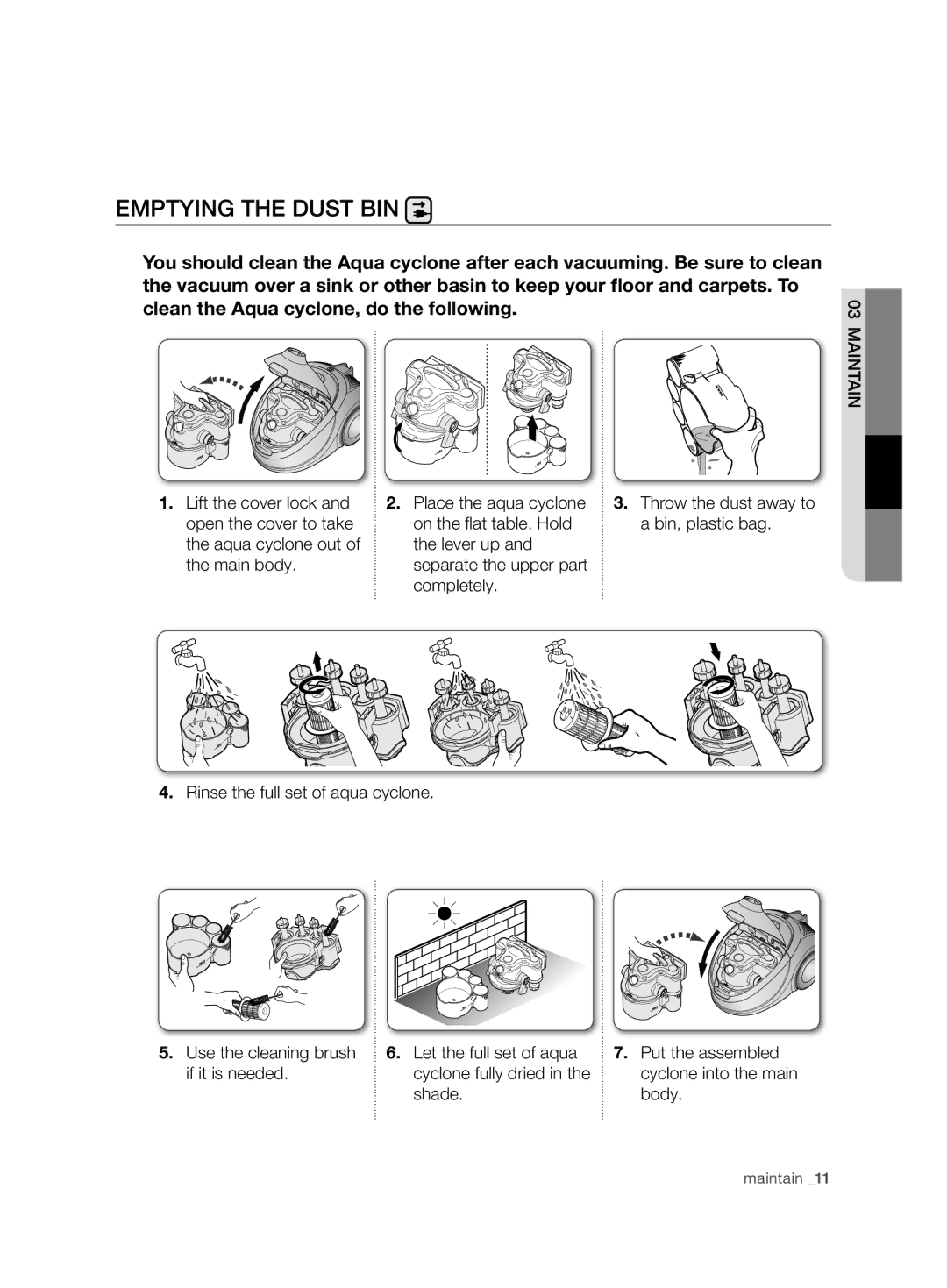 Samsung VCD9420S31/XEH, VCD9420S33/XEH, VCD9420S31/BOL, VCD9420S32/XSG manual Emptying the dust bin 