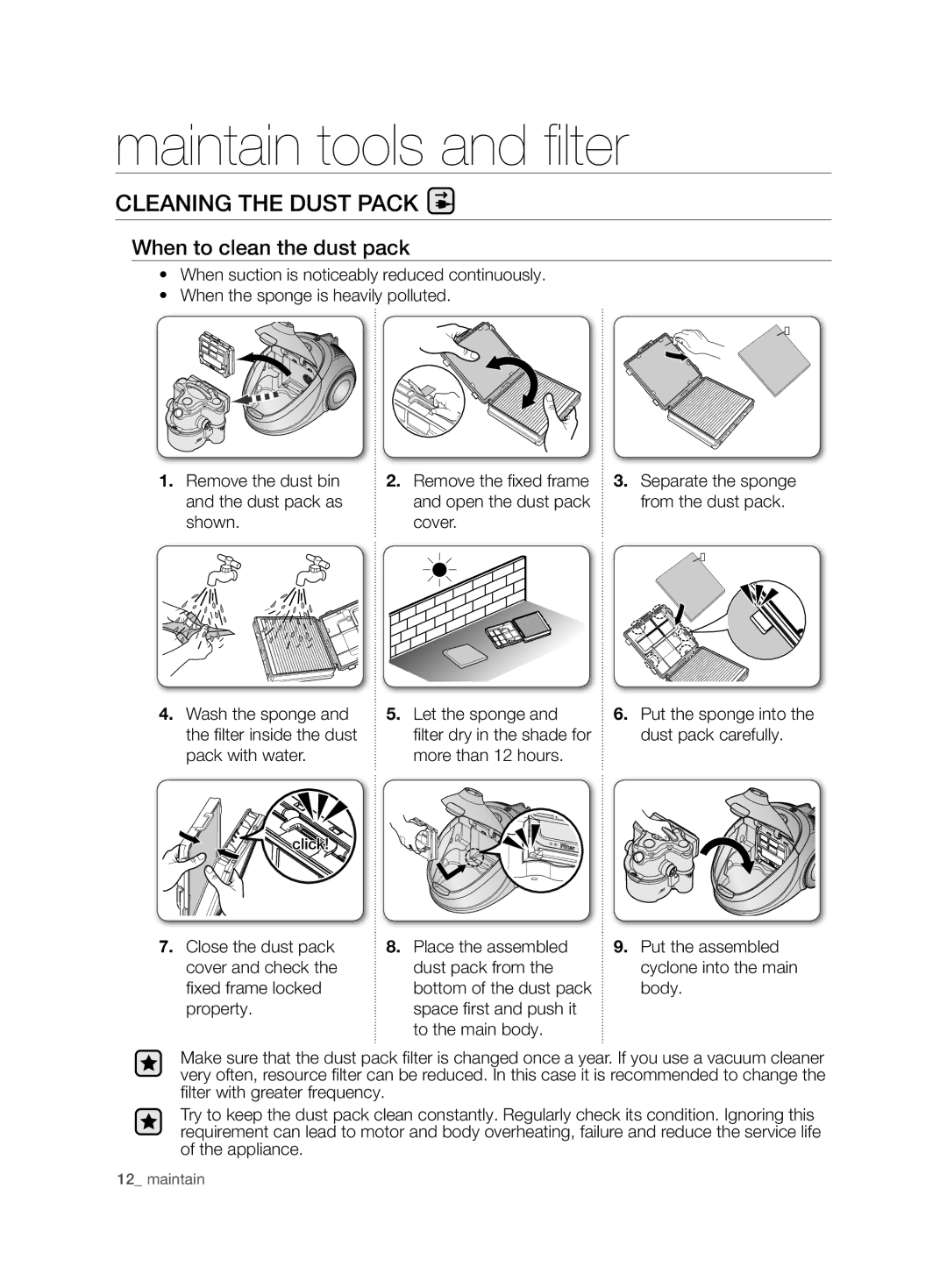 Samsung VCD9420S33/XEH, VCD9420S31/BOL, VCD9420S32/XSG, VCD9420S31/XEH Cleaning the dust pack, When to clean the dust pack 