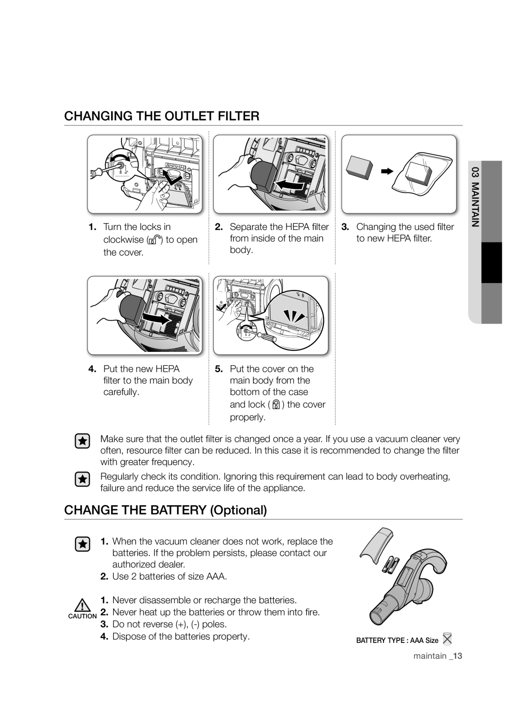 Samsung VCD9420S31/BOL, VCD9420S33/XEH, VCD9420S32/XSG manual Changing the outlet filter, Change the battery Optional 