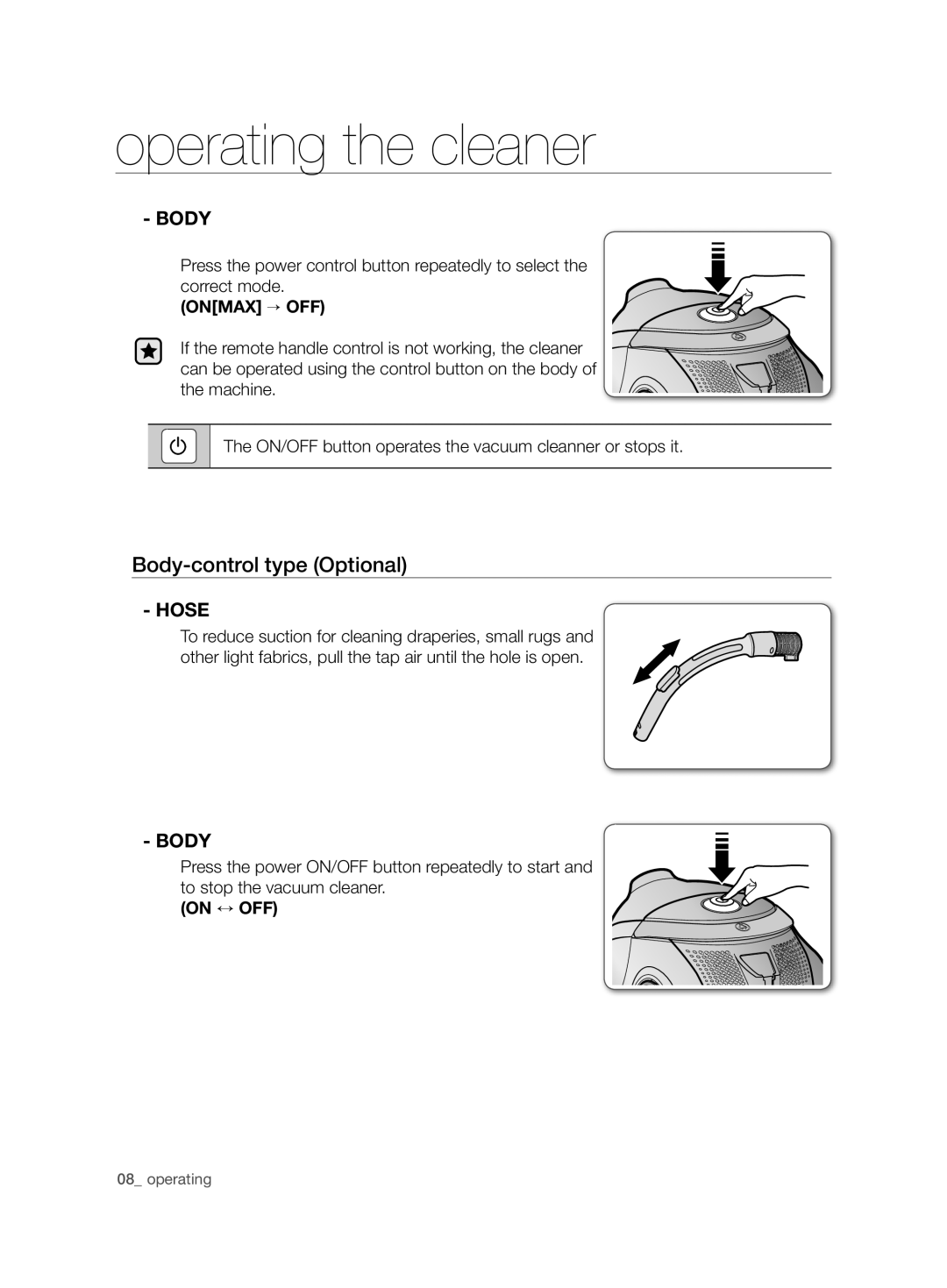 Samsung VCD9420S33/XEH, VCD9420S31/BOL, VCD9420S32/XSG, VCD9420S31/XEH manual Body-control type Optional 