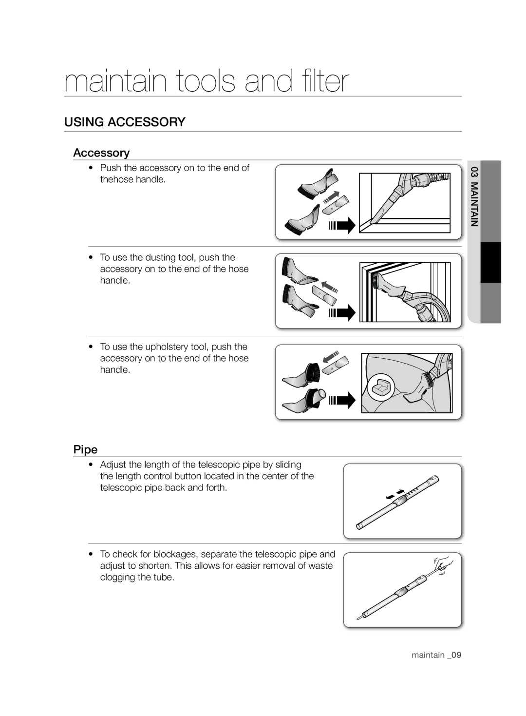 Samsung VCD9420S31/BOL, VCD9420S33/XEH, VCD9420S32/XSG manual Maintain tools and filter, Using accessory, Accessory, Pipe 