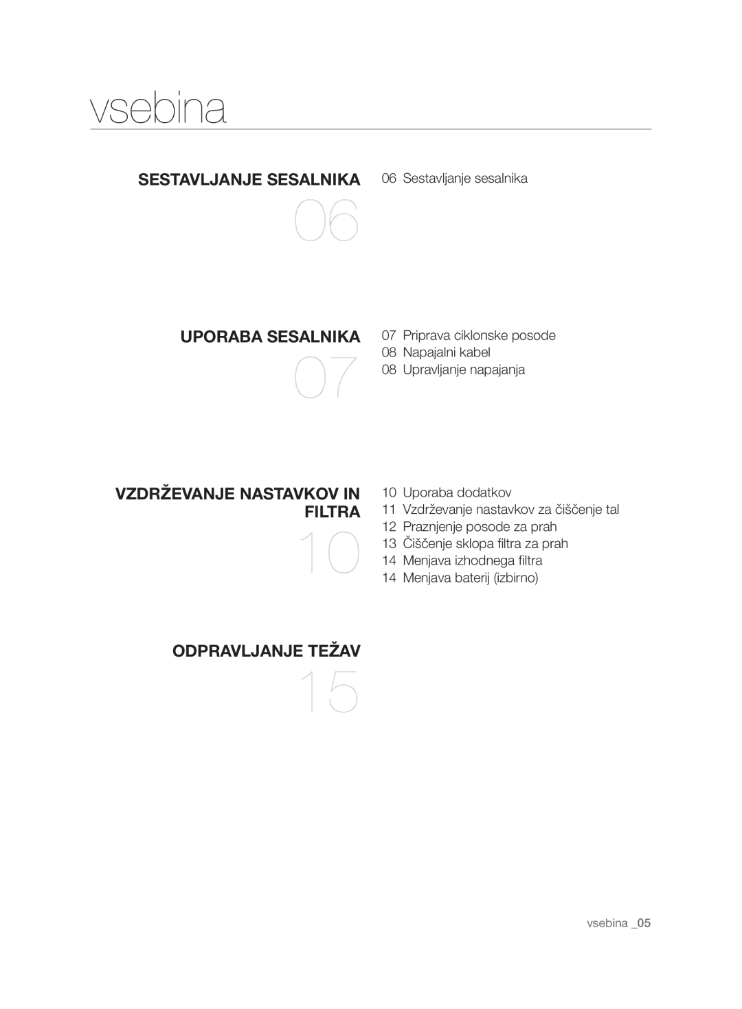 Samsung VCD9452S32/BOL, VCD9420S33/XEH, VCD9420S31/BOL, VCD9420S42/ATC manual Vsebina, Vzdrževanje Nastavkov in Filtra 