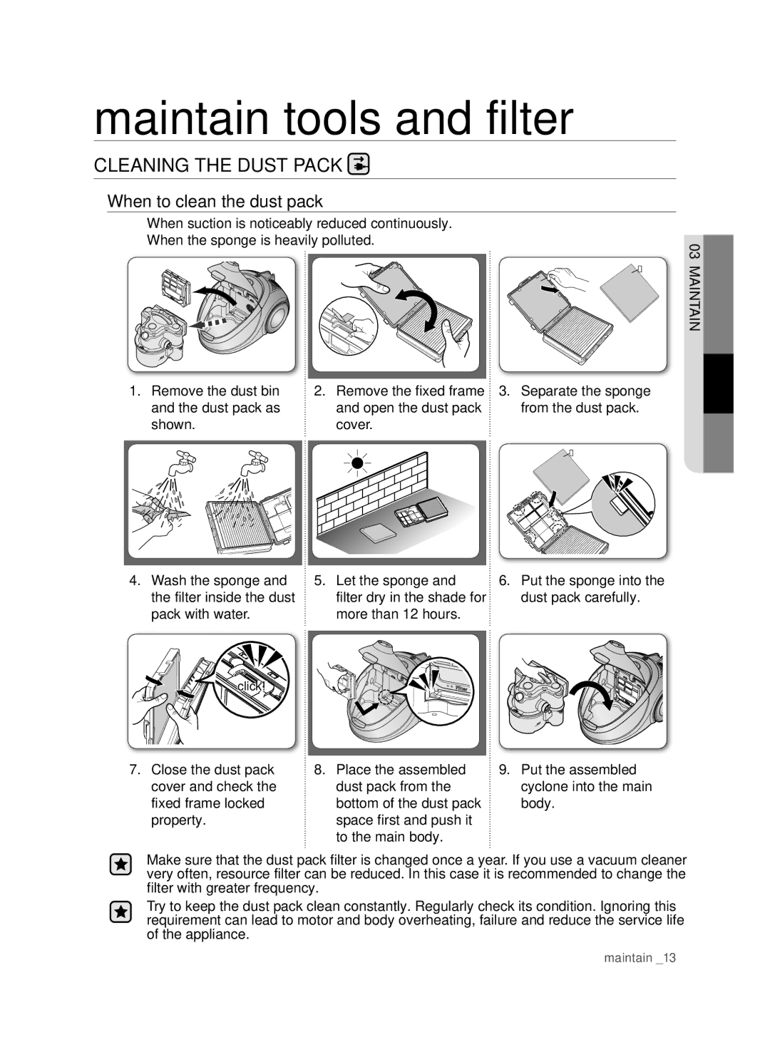 Samsung VCD9420S32/UMG manual Cleaning the Dust Pack, When to clean the dust pack, Pack with water More than 12 hours 