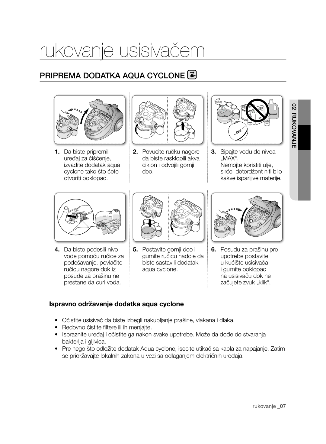 Samsung VCD9420S32/XEV manual Rukovanje usisivačem, Priprema Dodatka Aqua Cyclone, 02rukovanje, Posudu za prašinu pre 