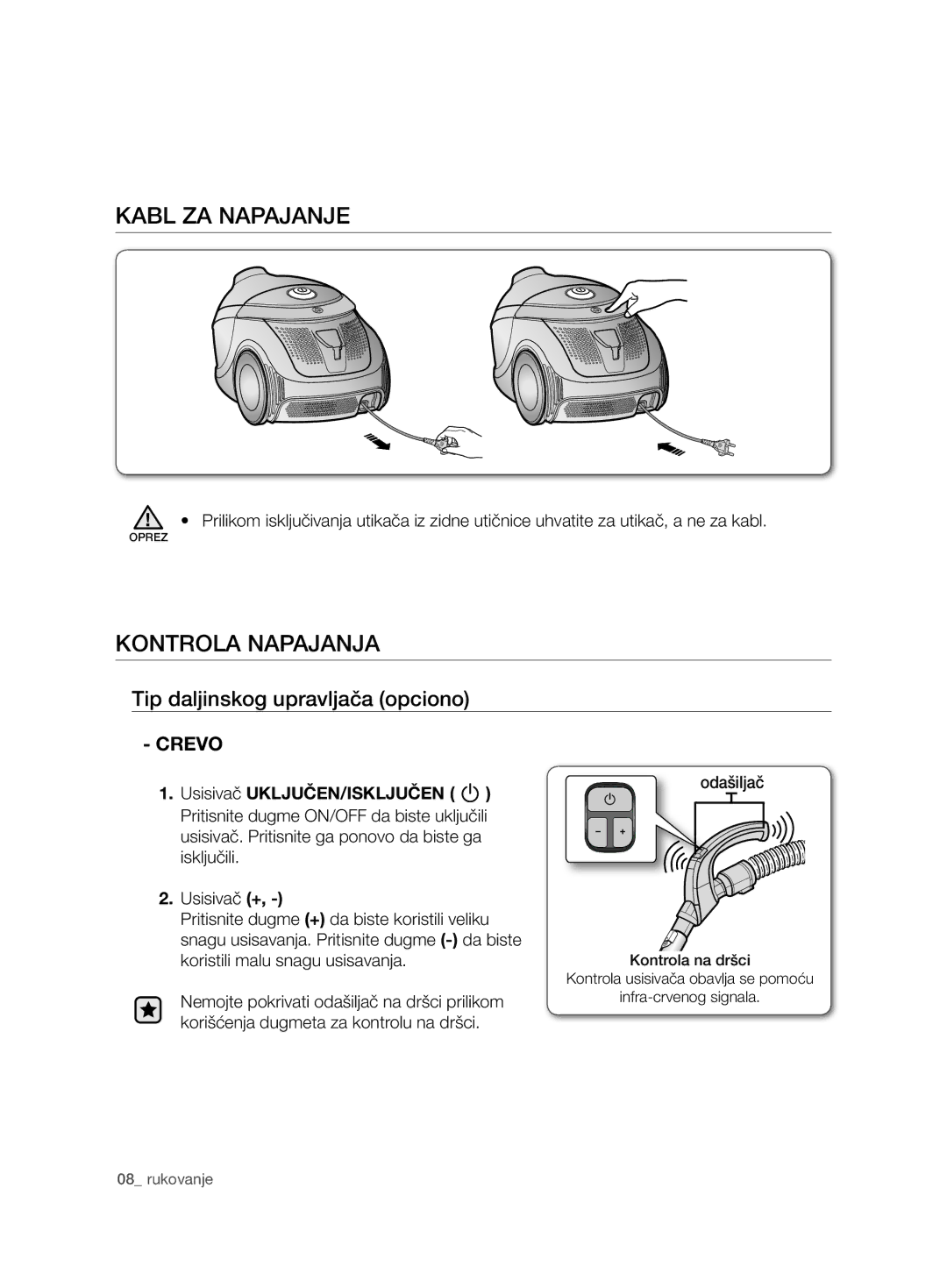 Samsung VCD9451S32/BOL manual Kabl ZA Napajanje, Kontrola Napajanja, Tip daljinskog upravljača opciono, Crevo, Odašiljač 