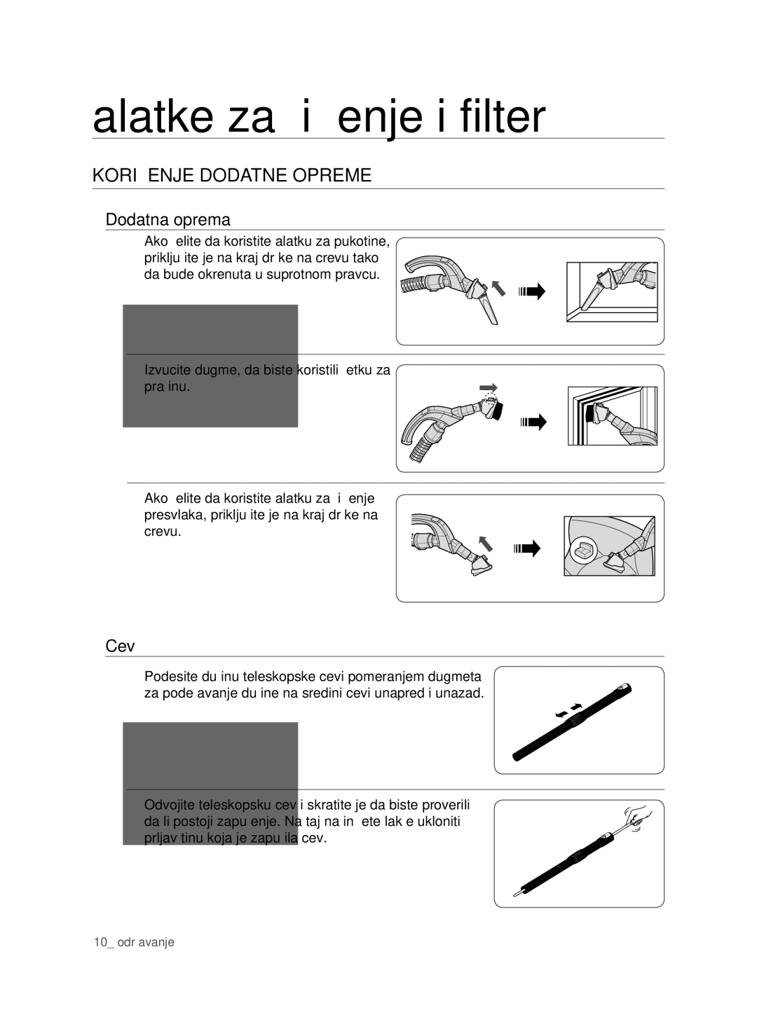 Samsung VCD9420S31/XEV, VCD9420S33/XEH manual Alatke za čišćenje i filter, Korišćenje Dodatne Opreme, Dodatna oprema, Cev 
