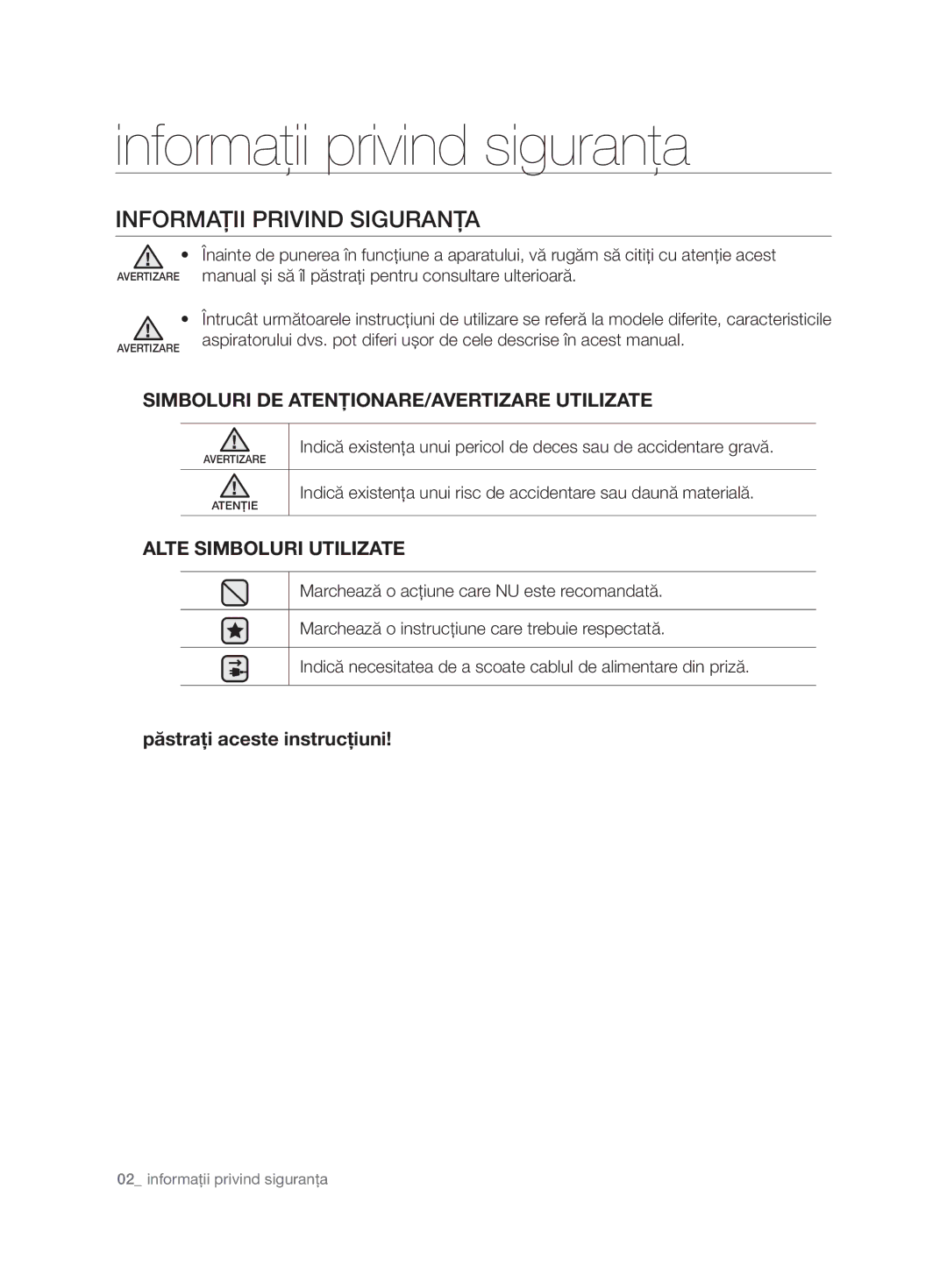 Samsung VCD9451S32/BOL manual Informaţii privind siguranţa, Informaţii Privind Siguranţa, Alte Simboluri Utilizate 