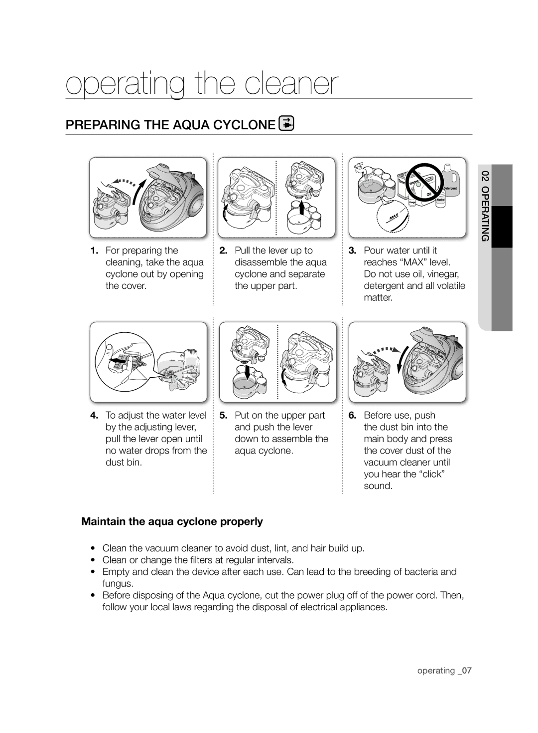 Samsung VCD9452S32/BOL, VCD9420S33/XEH, VCD9420S31/BOL, VCD9420S42/ATC Operating the cleaner, Preparing the Aqua Cyclone 