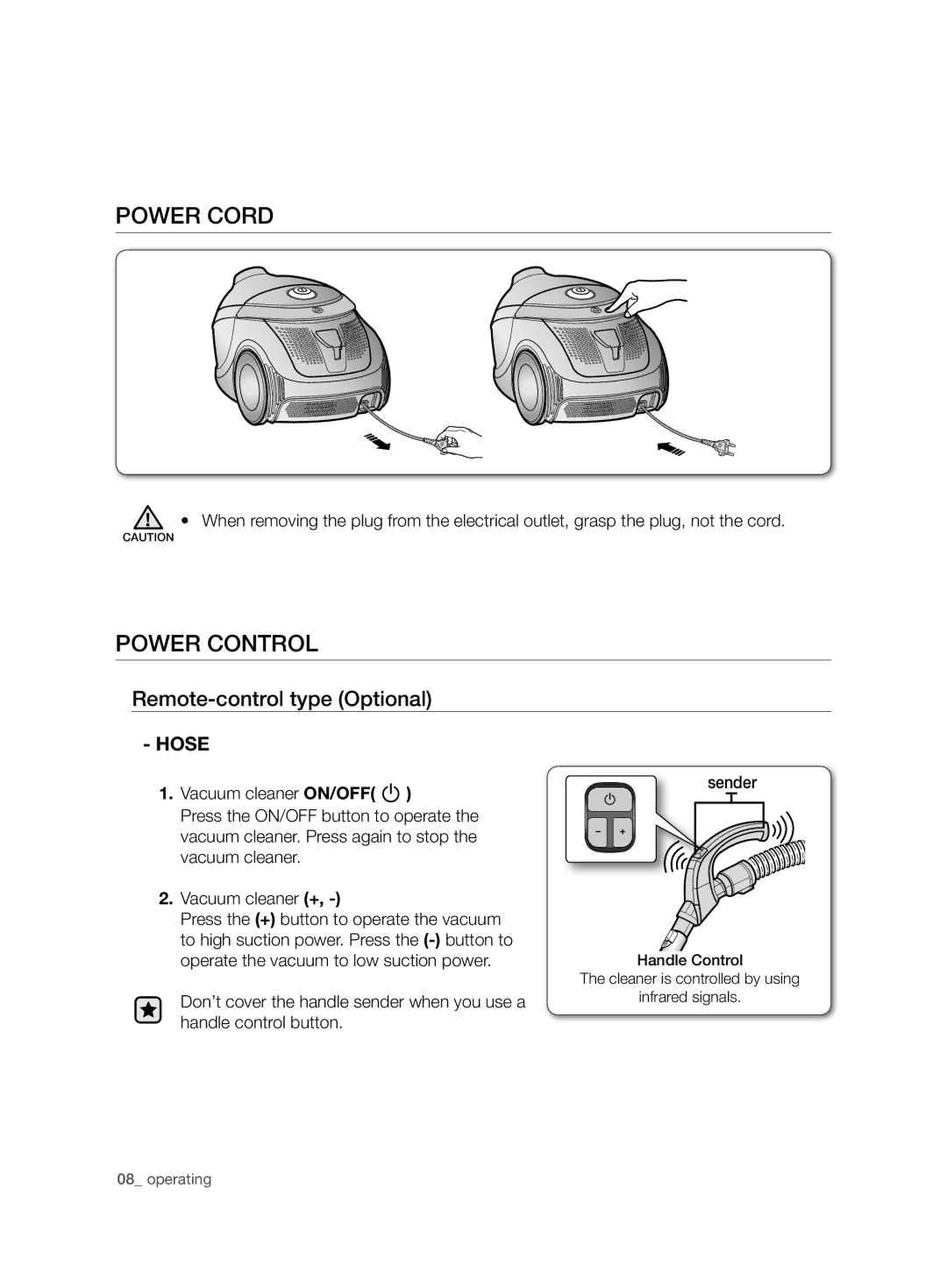 Samsung VCD9420S31/XEV, VCD9420S33/XEH, VCD9420S31/BOL manual Power Cord, Power Control, Remote-control type Optional, Hose 