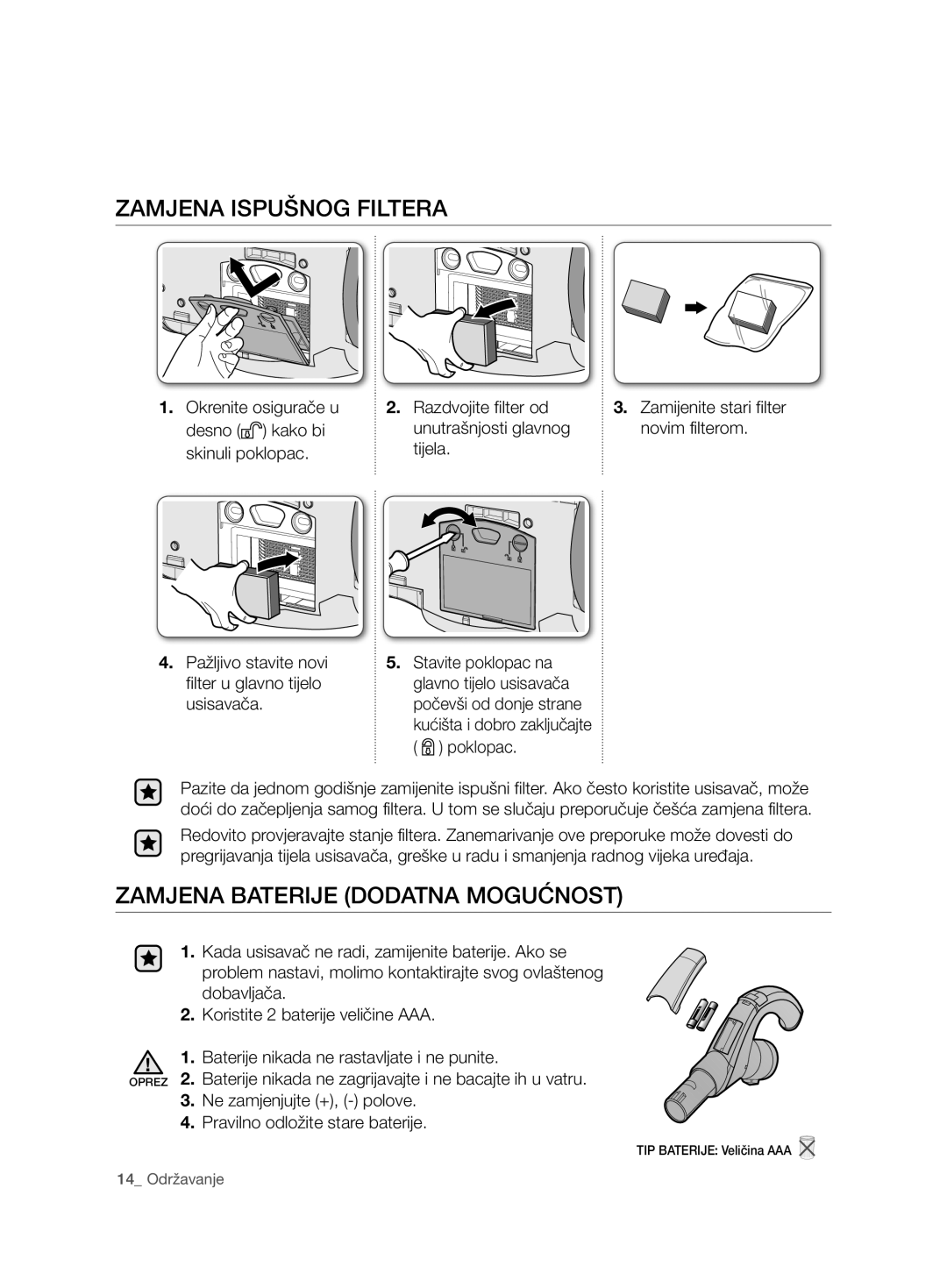 Samsung VCD9420S32/XSG, VCD9420S33/XEH, VCD9420S31/BOL manual Zamjena Ispušnog Filtera, Zamjena Baterije Dodatna Mogućnost 