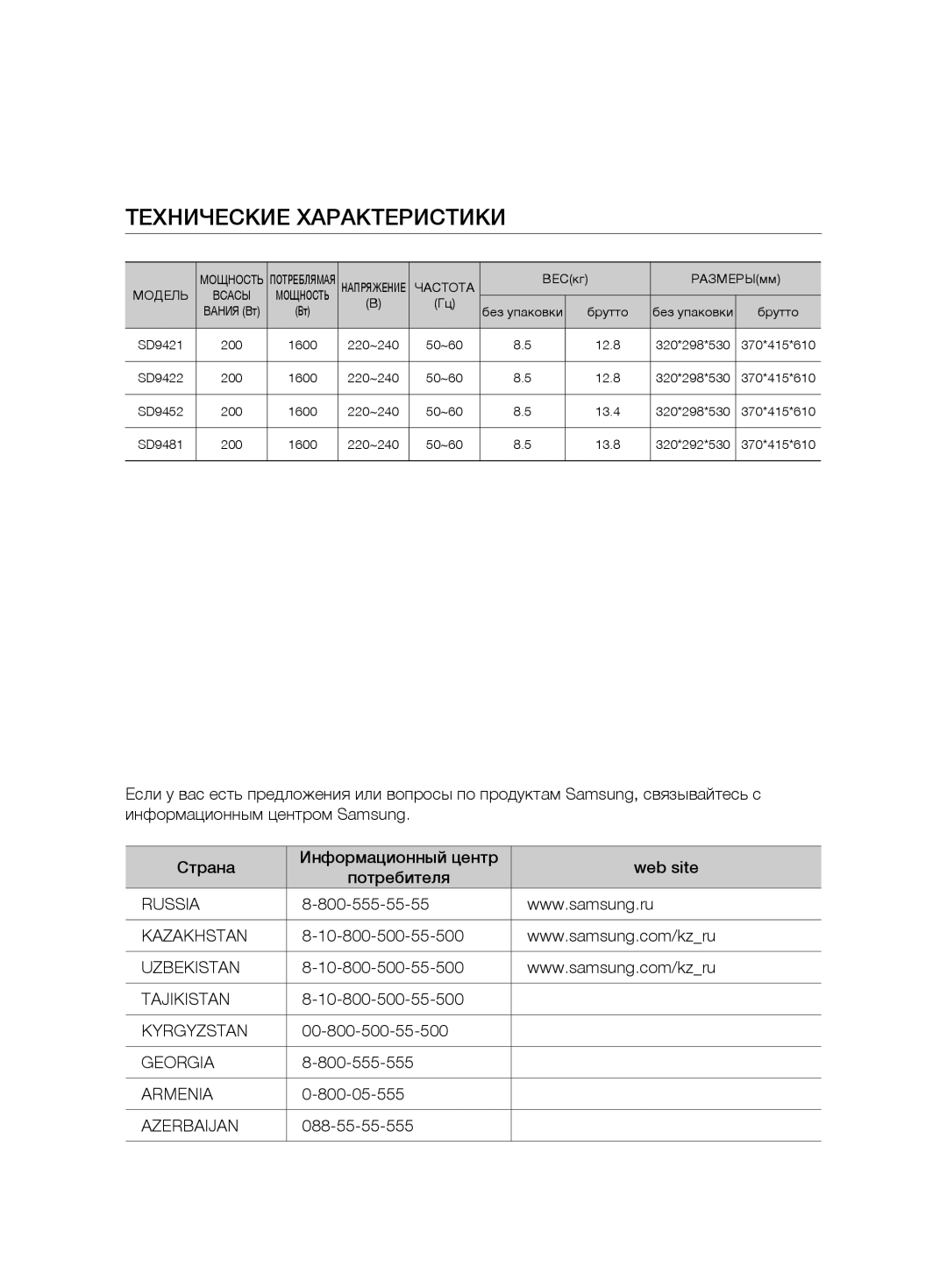 Samsung VCD9481H3W/XEV, VCD9421S32/XEV manual Технические Характеристики 