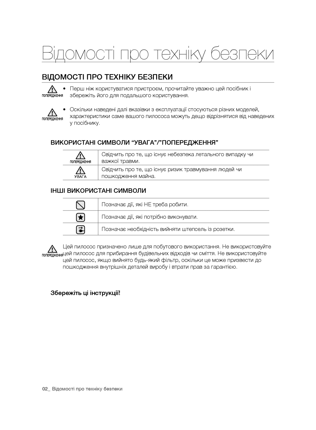 Samsung VCD9421S32/XEV Відомості ПРО Техніку Безпеки, Використані Символи УВАГА/ПОПЕРЕДЖЕННЯ, Інші Використані Символи 