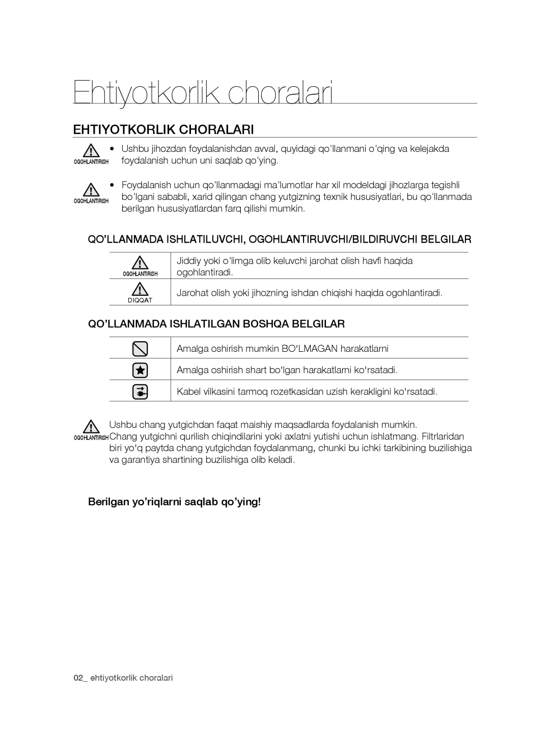 Samsung VCD9421S32/XEV manual Ehtiyotkorlik choralari, Ehtiyotkоrlik Chоrаlаri, QO’LLANMADA Ishlatilgan Boshqa Belgilar 