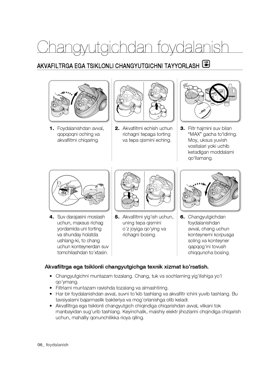 Samsung VCD9421S32/XEV, VCD9481H3W/XEV Changyutgichdan foydalanish, Akvafiltrga EGA Tsiklonli Changyutgichni Tayyorlash 