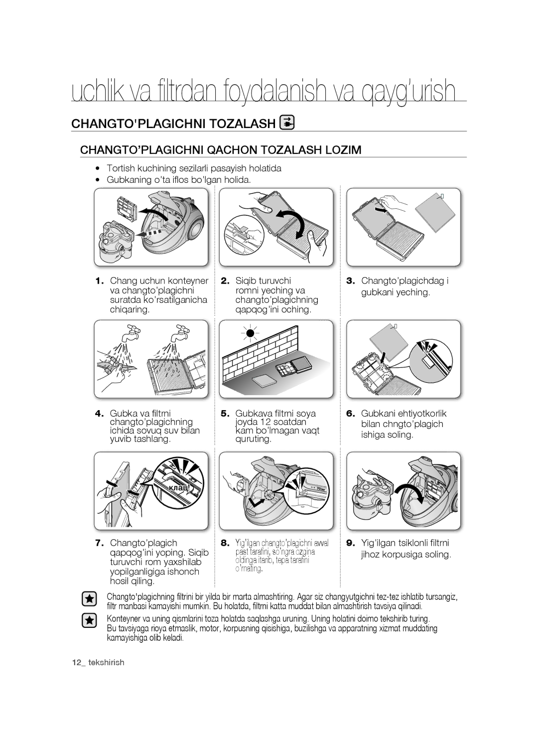 Samsung VCD9421S32/XEV, VCD9481H3W/XEV manual Changtoplagichni Tozalash, Changto’plagichning Joyda 12 soatdan 