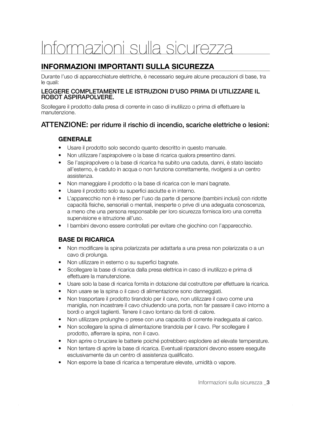 Samsung VCR8824T3R/XET manual Informazioni Importanti Sulla Sicurezza, Generale, Base DI Ricarica 