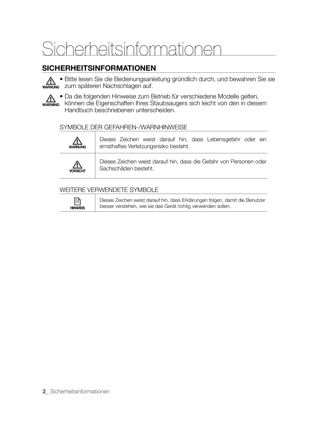 Samsung VCR8824T3R/XET manual Sicherheitsinformationen, Symbole DER GEFAHREN-/WARNHINWEISE, Weitere Verwendete Symbole 