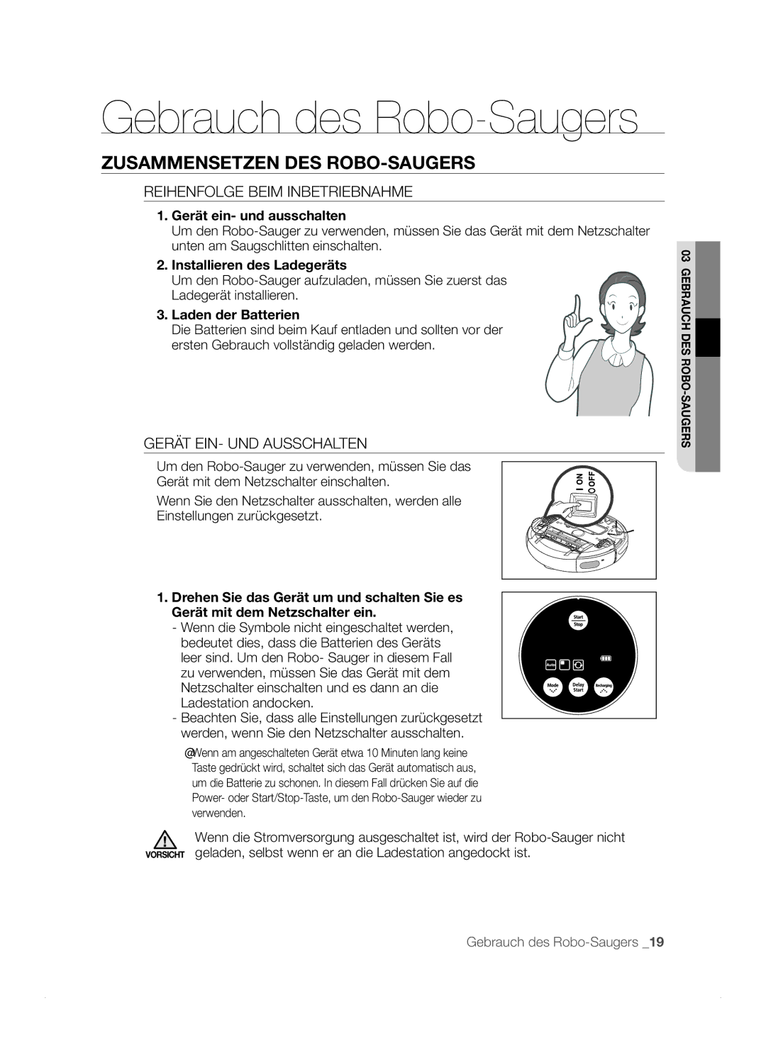 Samsung VCR8824T3R/XET manual Zusammensetzen DES ROBO-SAUGERS, Reihenfolge Beim Inbetriebnahme, Gerät EIN- UND Ausschalten 