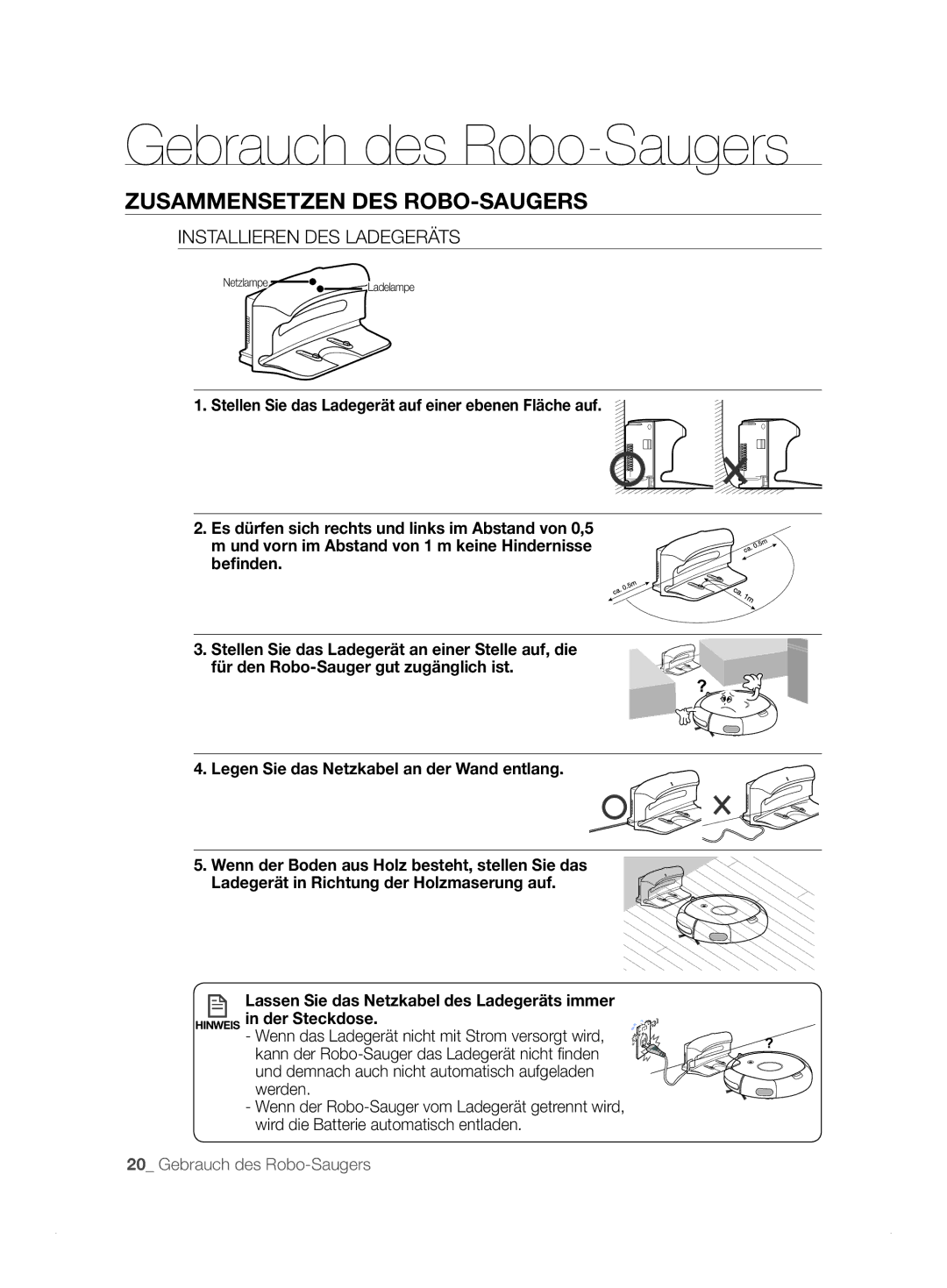 Samsung VCR8824T3R/XET manual Gebrauch des Robo-Saugers, Installieren DES Ladegeräts 