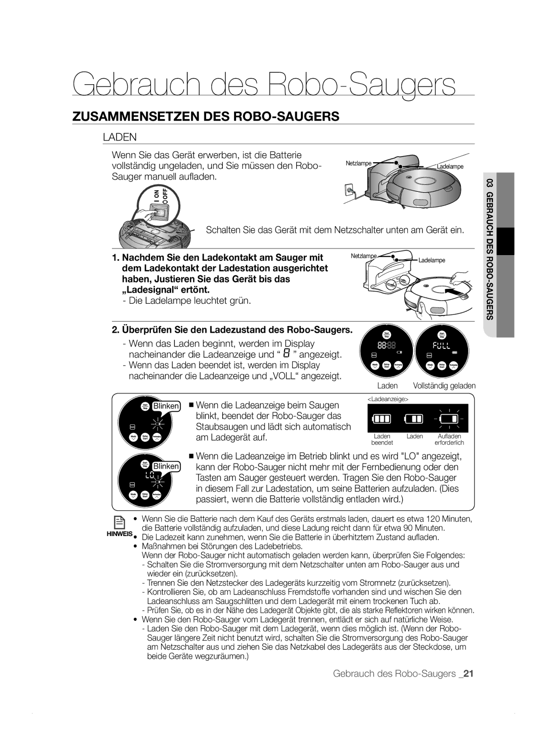 Samsung VCR8824T3R/XET manual Laden, Nachdem Sie den Ladekontakt am Sauger mit 