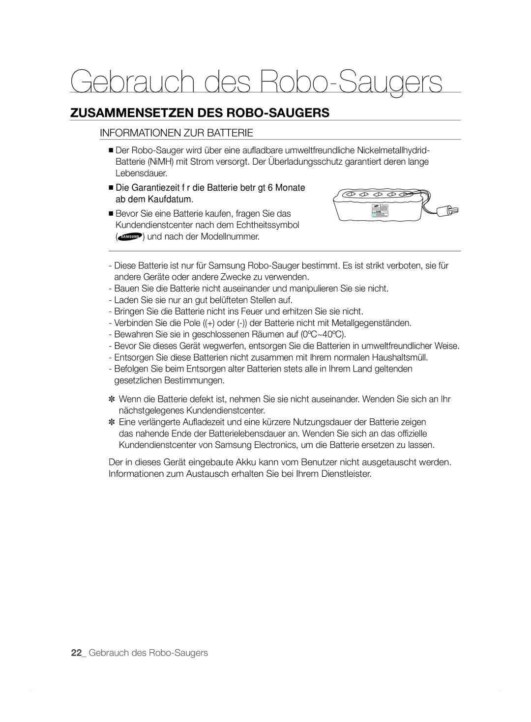 Samsung VCR8824T3R/XET manual Informationen ZUR Batterie 