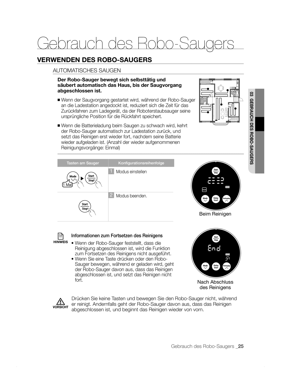 Samsung VCR8824T3R/XET manual Automatisches Saugen, Informationen zum Fortsetzen des Reinigens 