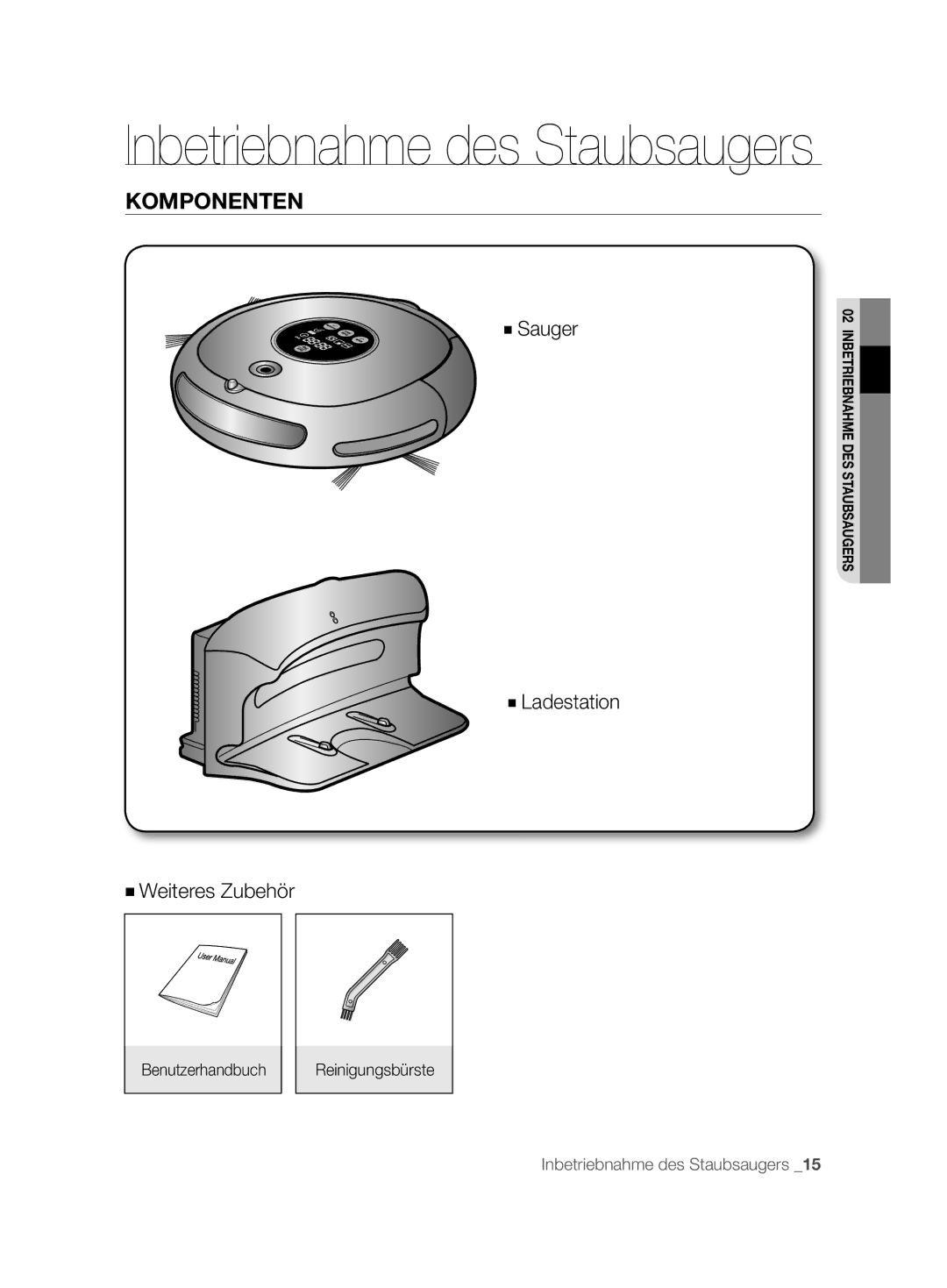 Samsung VCR8825T3R/XEF, VCR8825T3B/XEG, VCR8825T3B/XET, VCR8825T3R/XET manual Inbetriebnahme des Staubsaugers, Komponenten 